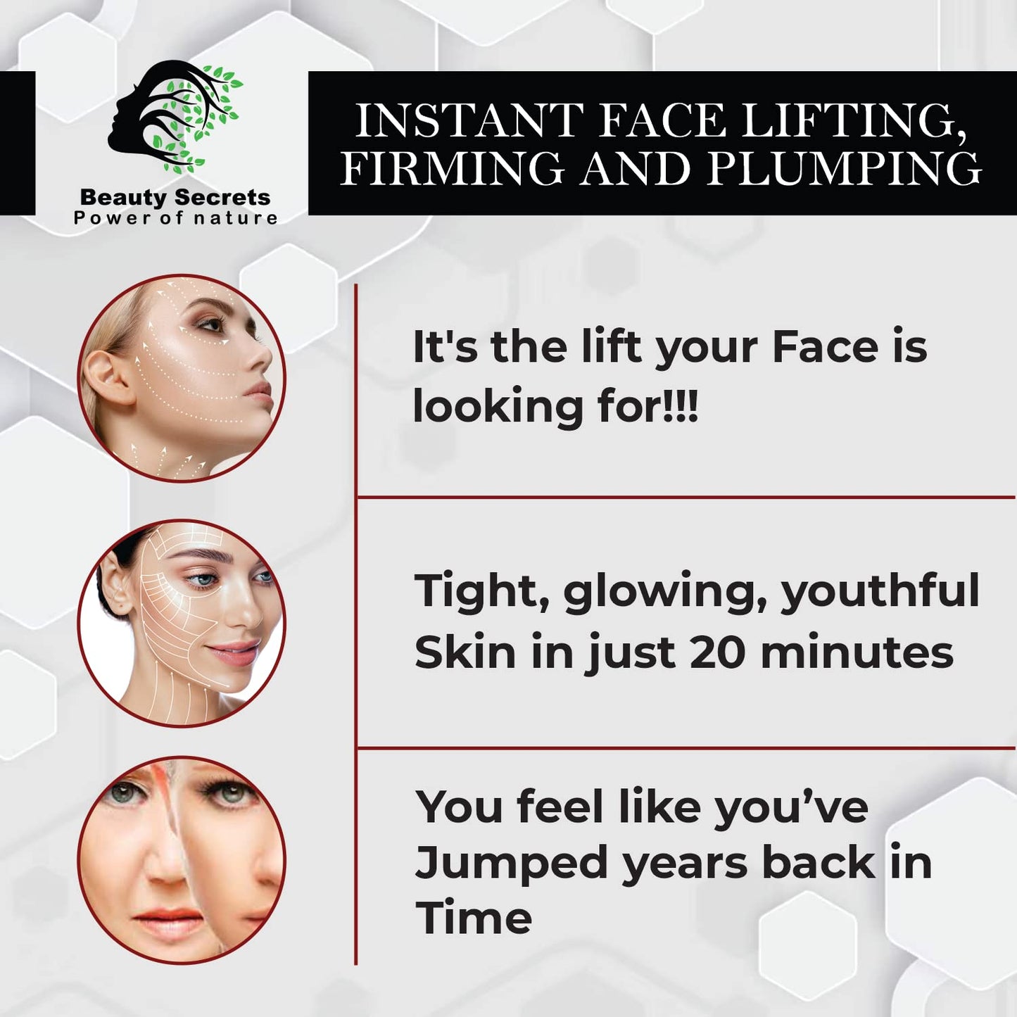 Beauty Secrets Natural Face Lifting Pack/Mask || Beauty Secrets Instant Face Lift System | Tight,Glowing and Youthful Skin in just 20 Minutes | For Men & Women | 22Gms