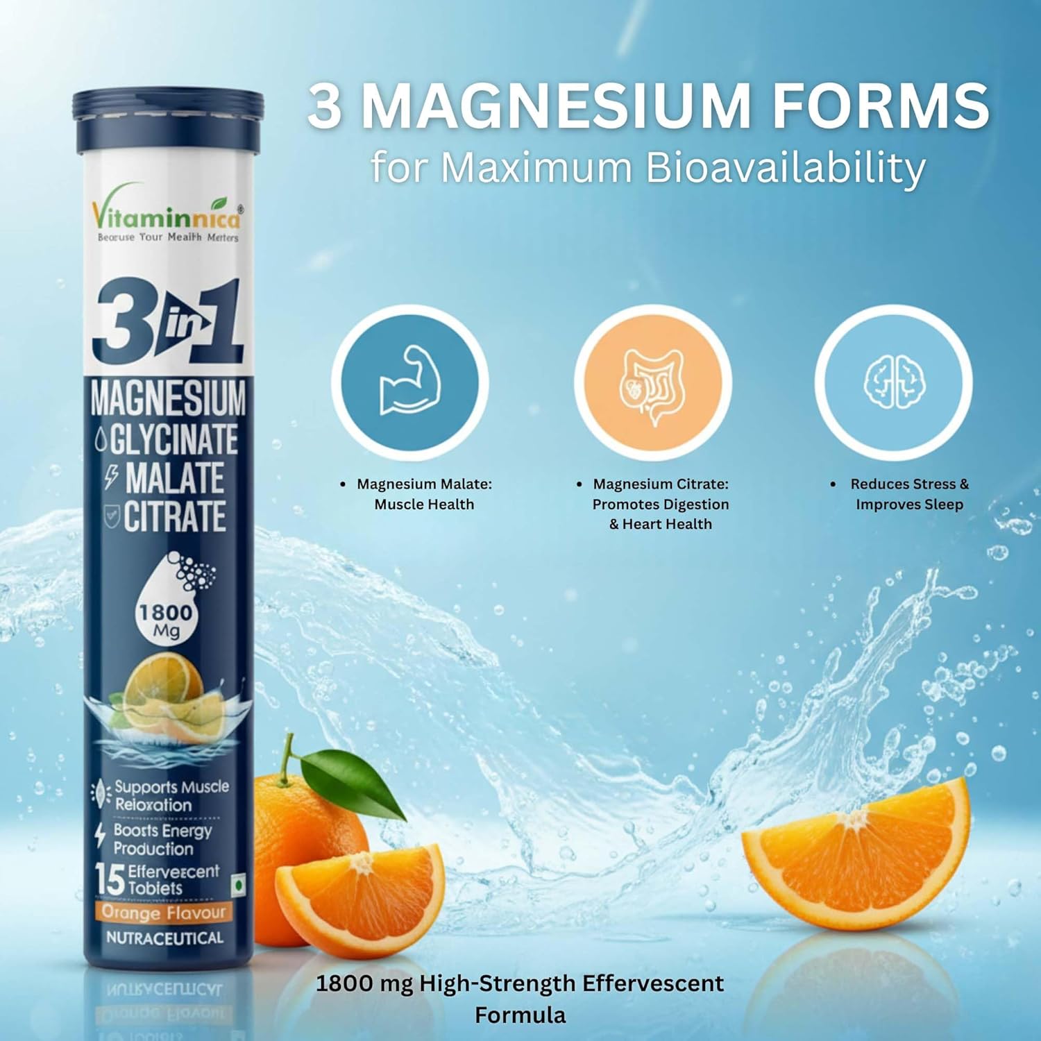 Vitaminnica Magnesium 3-in-1 Effervescent Tablets - Orange Muscle & Rest Support (4-Pack, 60 Count)