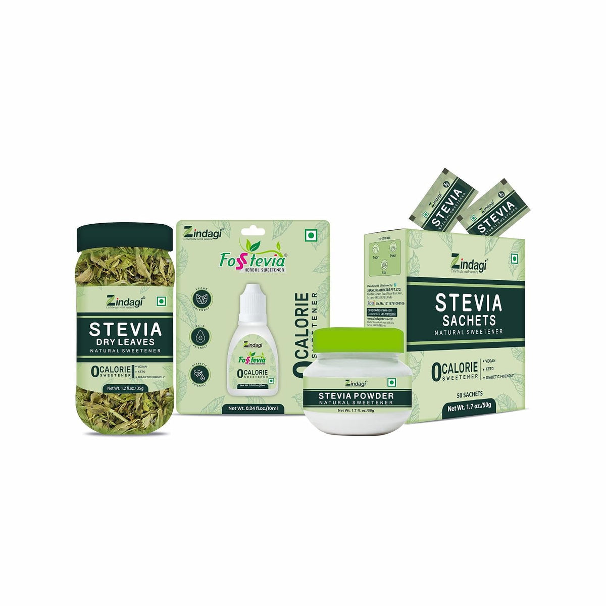 Zindagi Stevia Powder Sachets, Stevia Plant Dry Leaves & Stevia Drops | 100% Natural Zero-Calorie Sweetener Triple Combo Pack