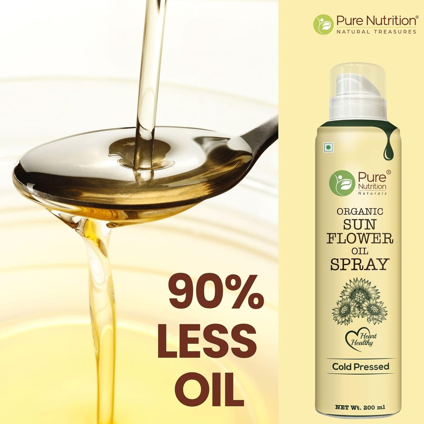 Pure Nutrition Sunflower Oil Cooking Spray - 200ml | 100% Pure & Edible | Healthy Cooking with 10X Less Oil | Ideal for Baking, Grilling & Frying | High Smoke Point | Light, Even Spray for Low-Calorie Meals & Heart Health