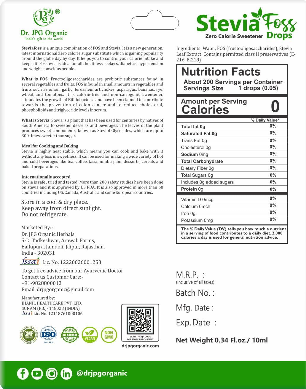 DR. JPG Organic Stevia Drops Liquid (10ml) – Pack of 2 | 100% Pure Natural Plant-Based Sweetener