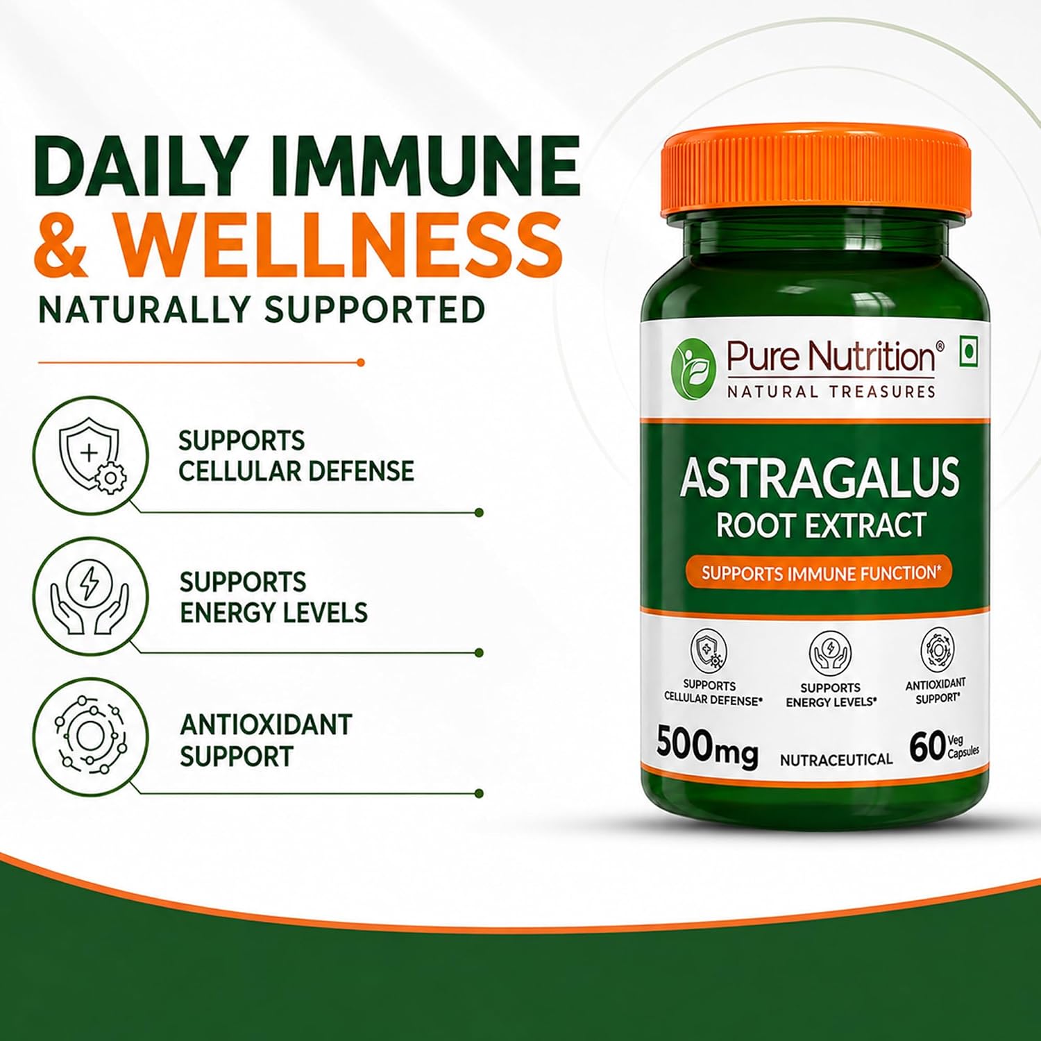 Pure Nutrition Astragalus 500mg, 60 Capsules | Herbal Supplement for Immune & Wellness Support