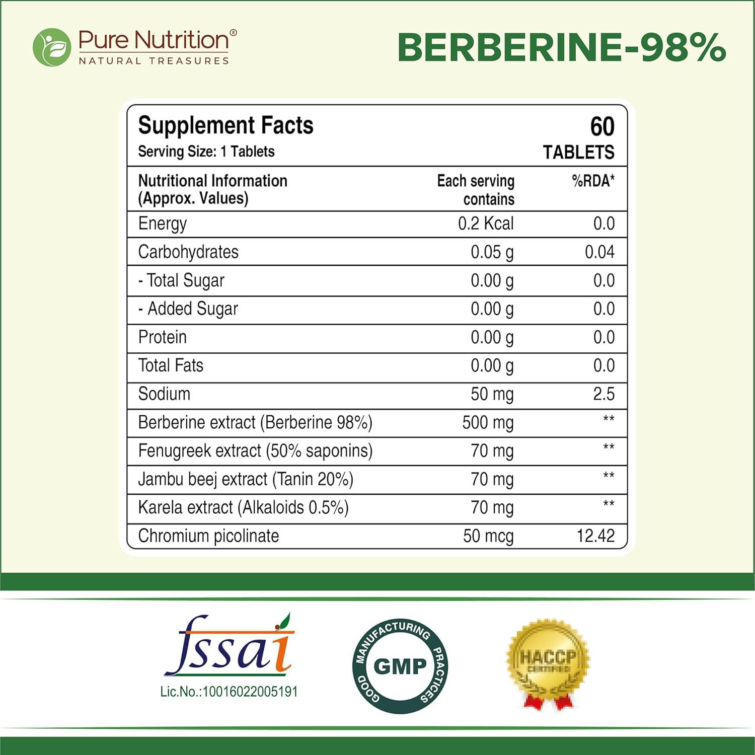 Pure Nutrition 98% Berberine Tablets - 60 Tablets with Jamun Beej, Karela & Fenugreek Extract
