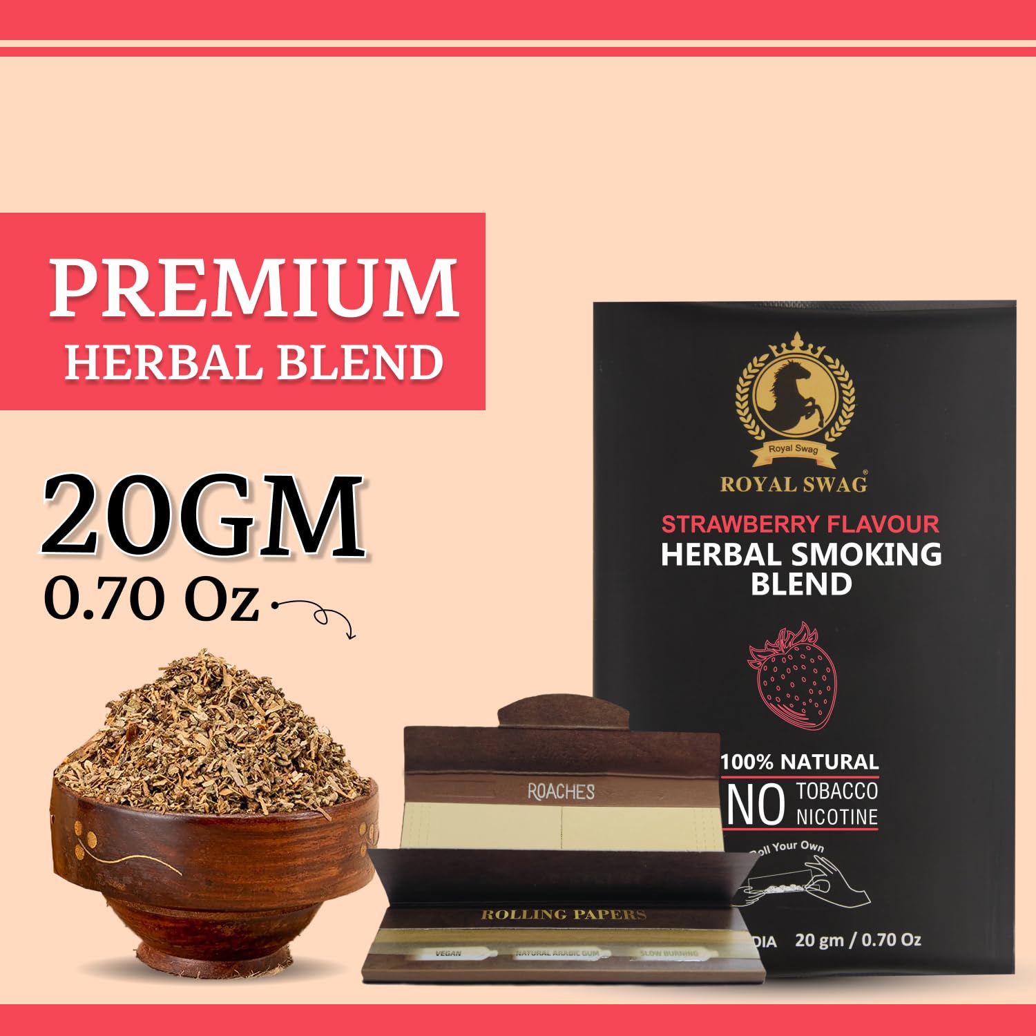 Royal Swag Strawberry Herbal Smoking Blend (20g) & King Size Slim Papers Combo Pack