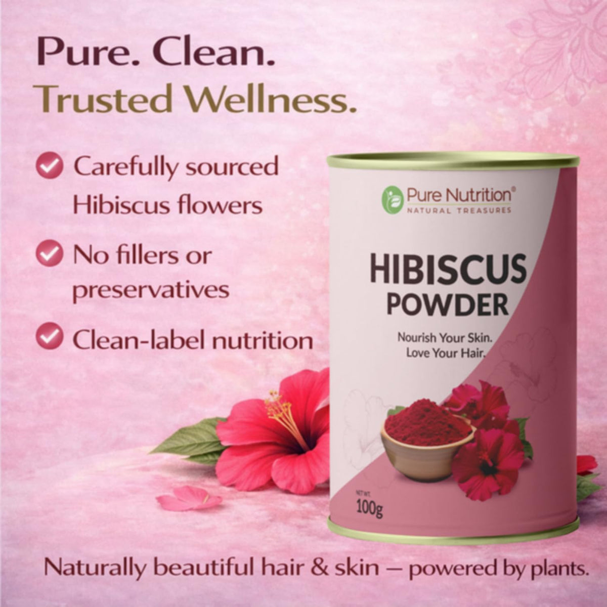 Pure Nutrition Natural Hibiscus Powder 100g | Herbal Hair, Skin & Wellness Support
