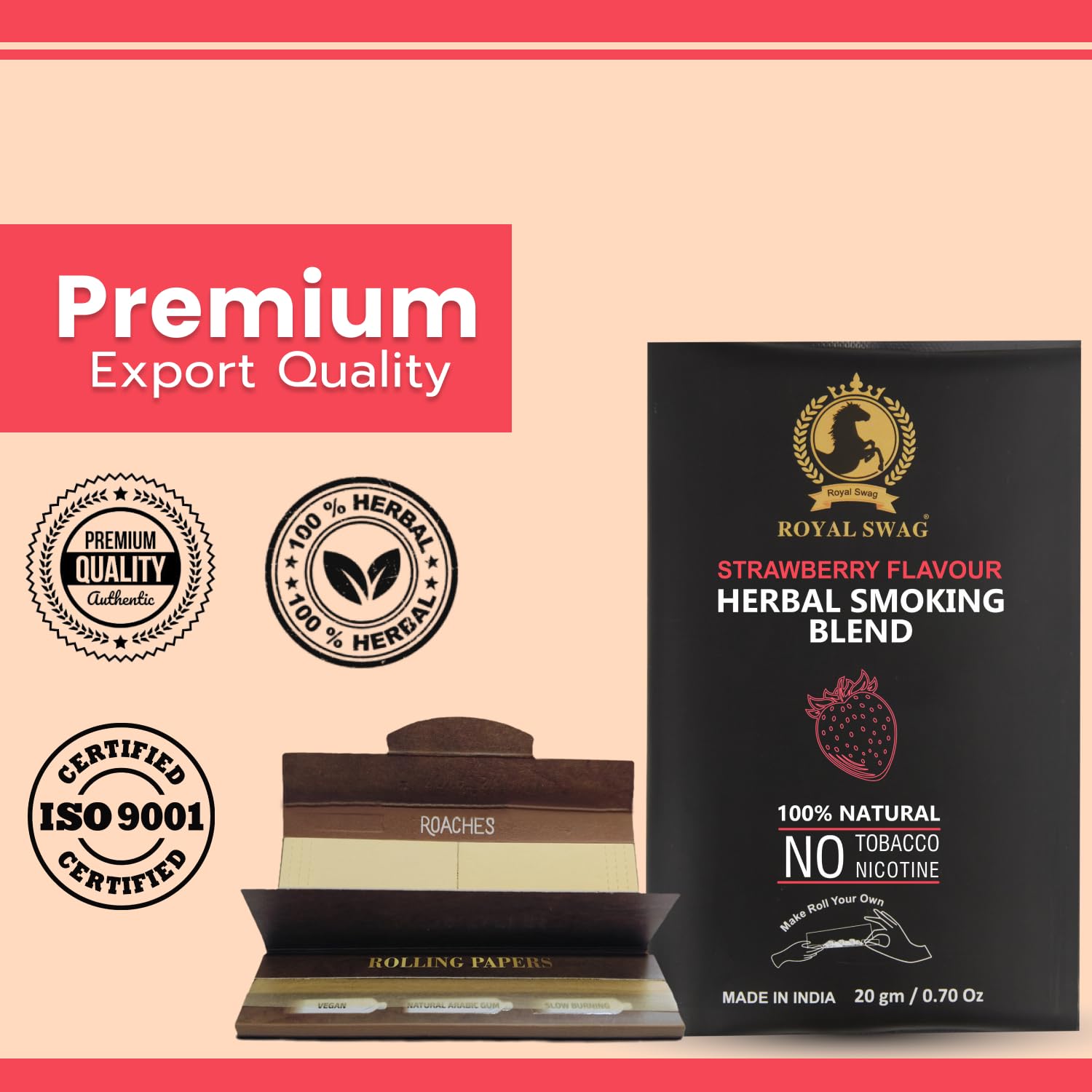 Royal Swag Strawberry Herbal Smoking Blend (20g) & King Size Slim Papers Combo Pack