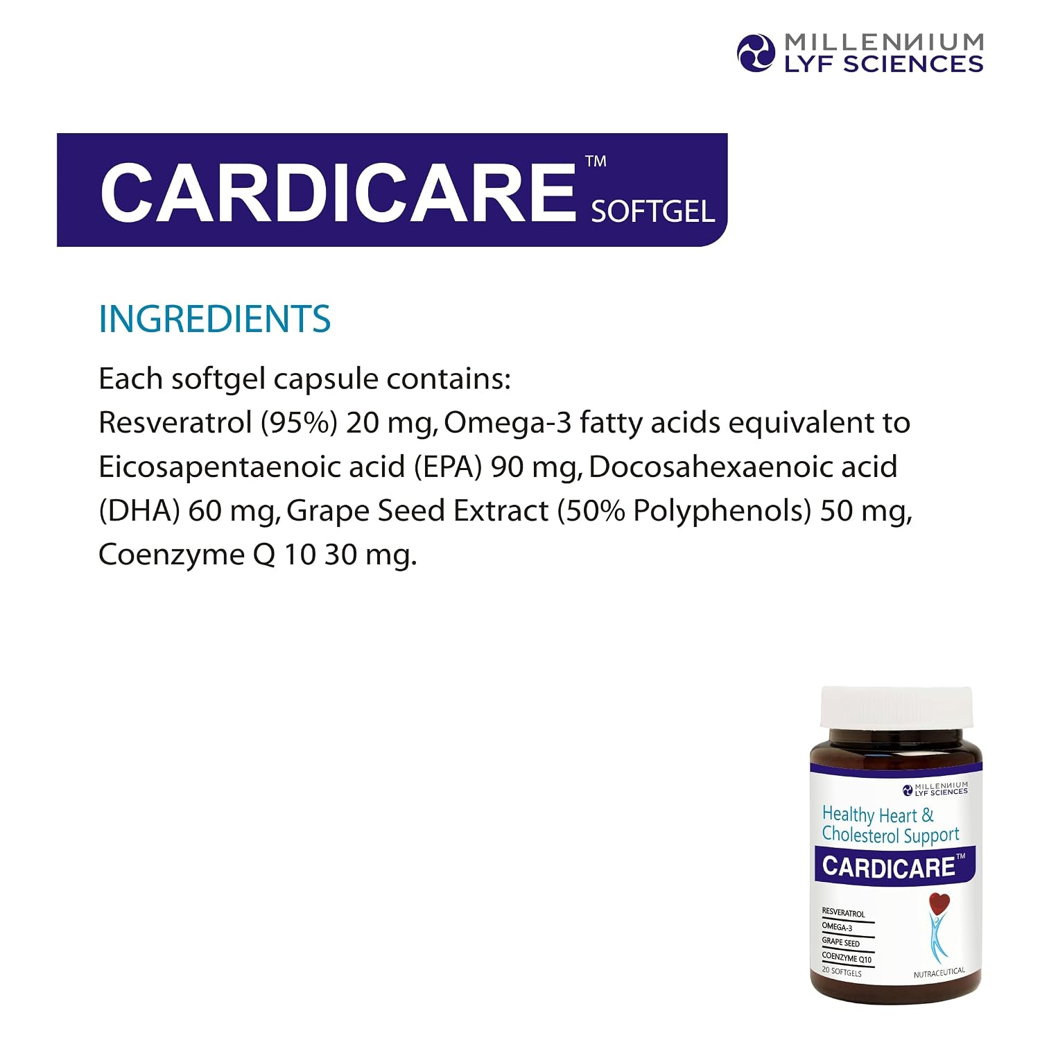 Millennium Herbal Care Cardicare | Softgel Capsule for Healthy Triglycerides & LDL Levels - 20 Softgel (Bottle Pack)