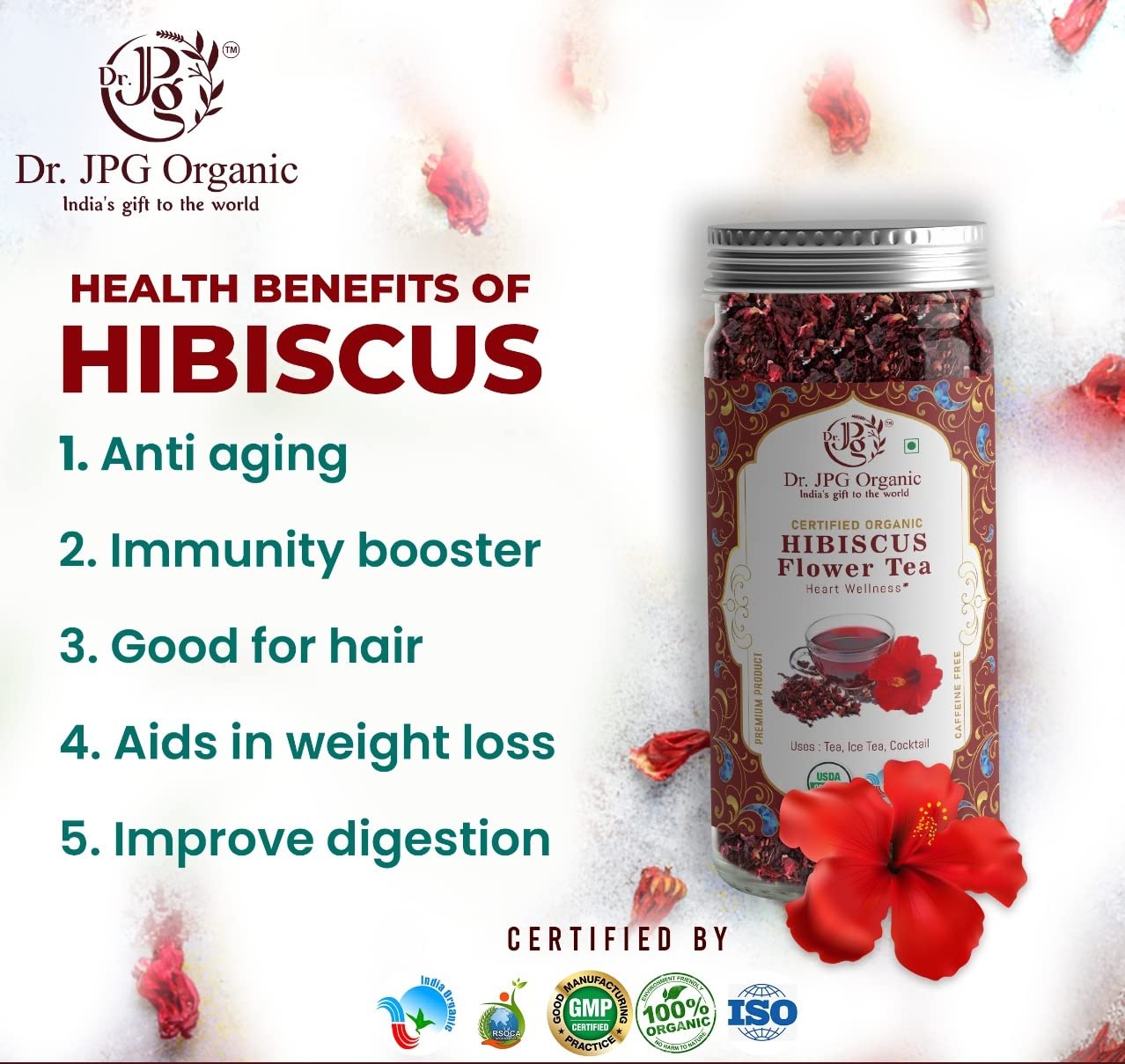 DR. JPG Organic Hibiscus Tea (50g) | Pure Hibiscus Flower Tea for Immunity & Wellness