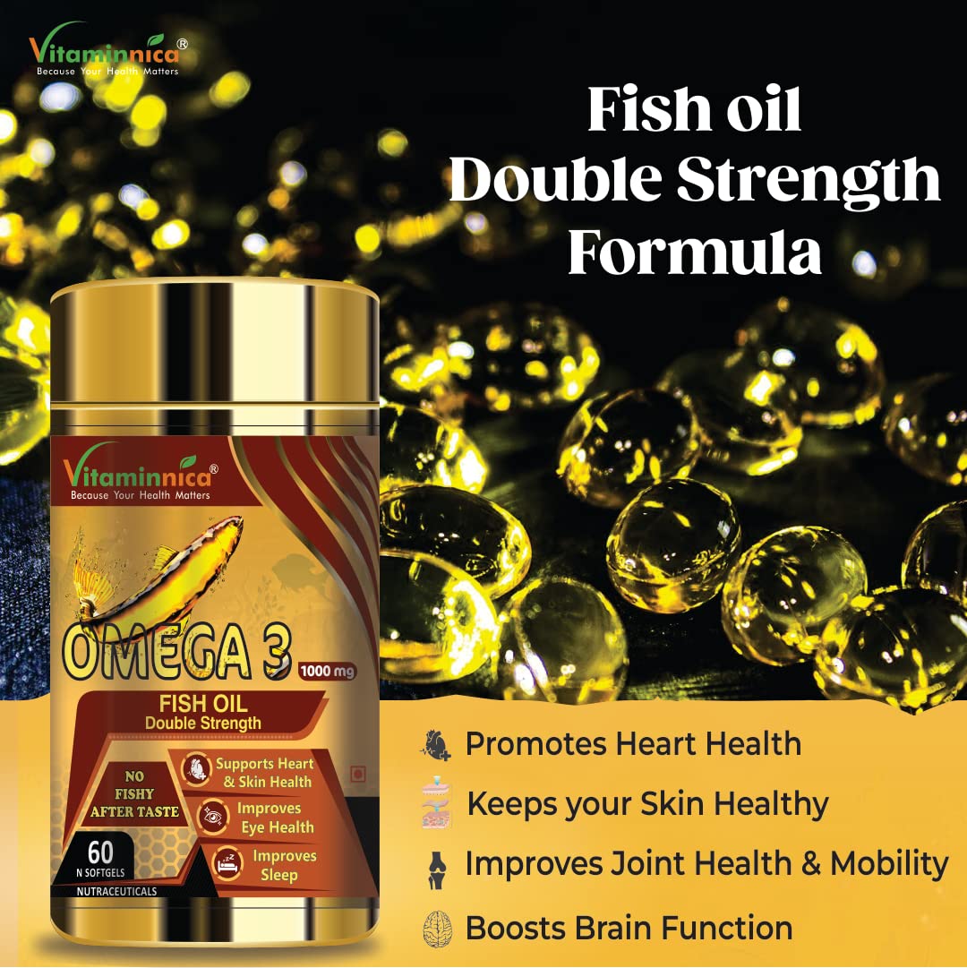 Vitaminnica Salmon Omega 3 Fish Oil Softgels Fatty Acids Great For Eyes, Skin, Heart, Joints & Brain Health || Double Strength (EPA & DHA) 60 Softgels for Men and Women