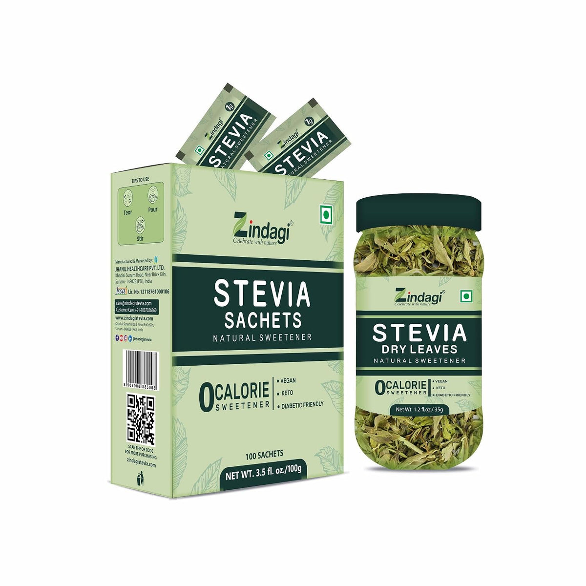 Zindagi Stevia Dry Leaves & Stevia Powder Sachets | 100% Natural Zero-Calorie Sugar-Free Sweetener Combo Pack