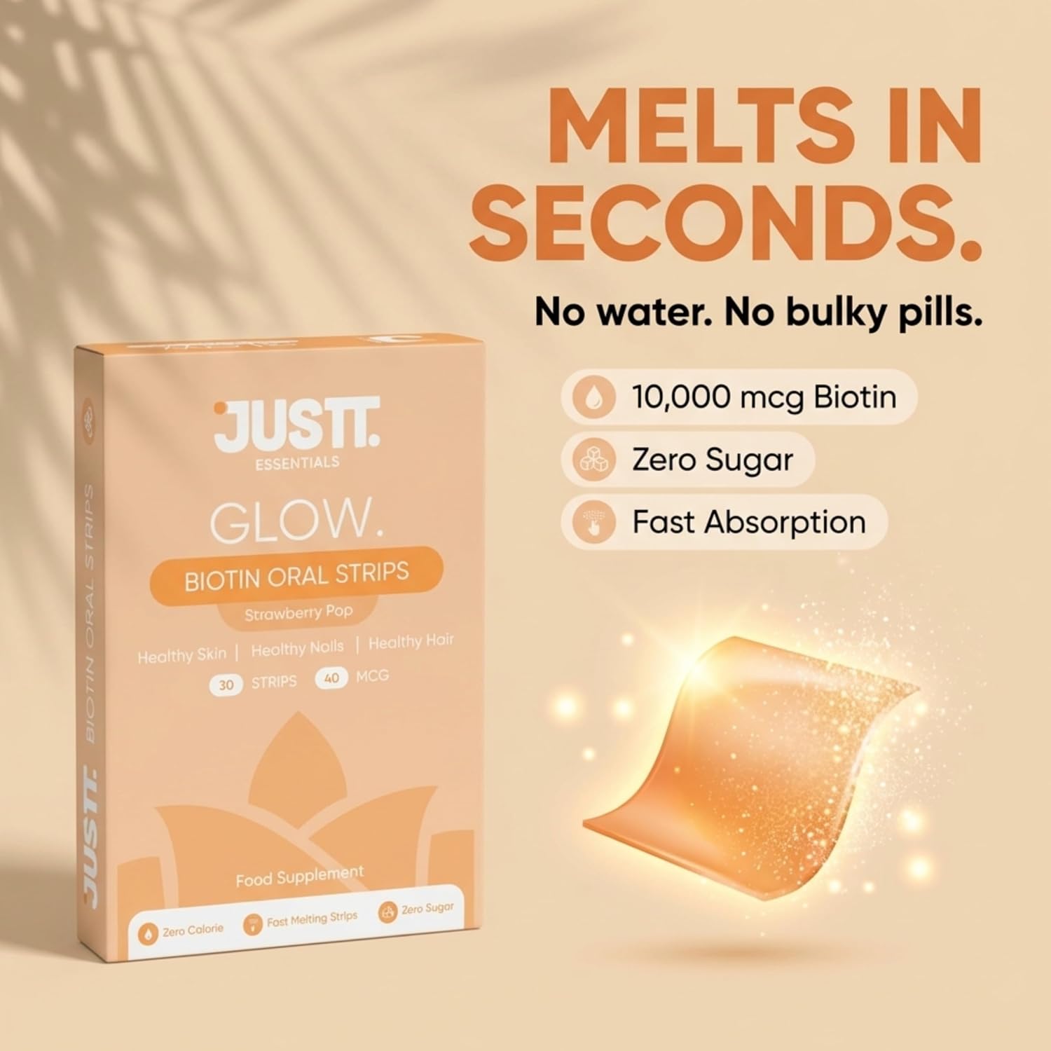 JUSTT ESSENTIALS Glow Biotin Oral Strips for Healthy Hair, Radiant Skin & Strong Nails | Pack of 1, 30 Days Pack | 10,000 mcg Sesbania Extract | Strawberry Pop Flavour | Sugar-Free Fast Dissolving Vegan Strips