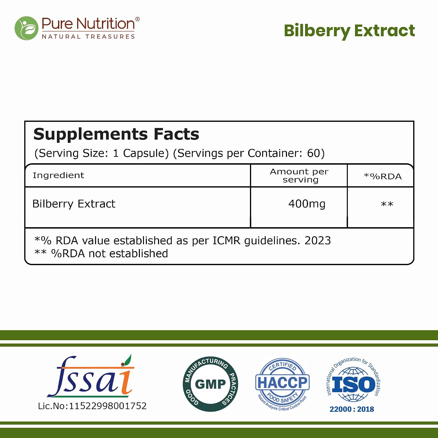 Pure Nutrition Bilberry Extract 400mg, 60 Capsules | Antioxidant & Eye Health Support Supplement