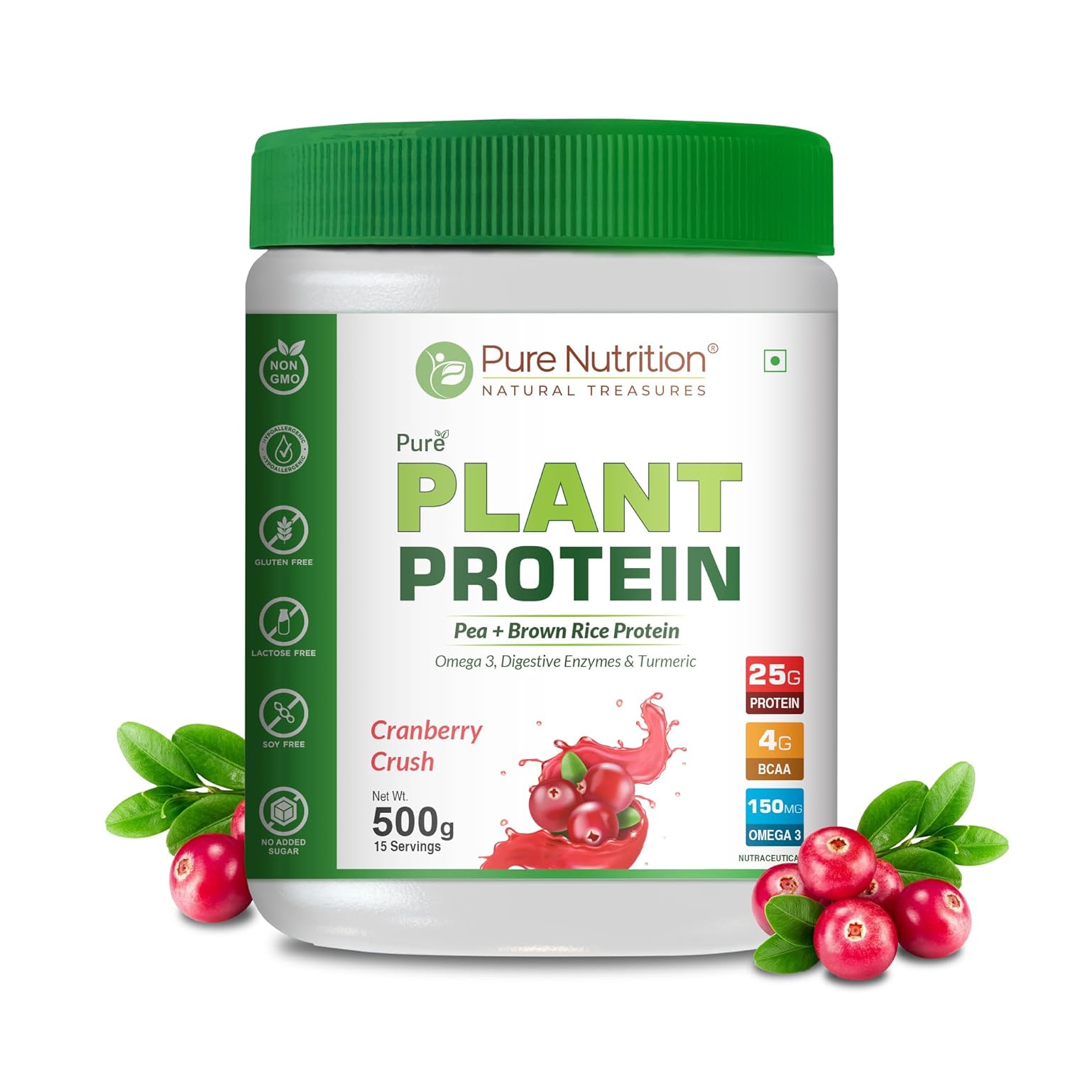 Pure Nutrition Plant Protein Powder Cranberry Crush, 500g, for Men, Women With Pea & Brown Rice Protein with Omega3, Digestive Enzymes & Turmeric | Plant-based, Vegan Supplement for Muscle Growth & Strength | No Artificial Sweeteners