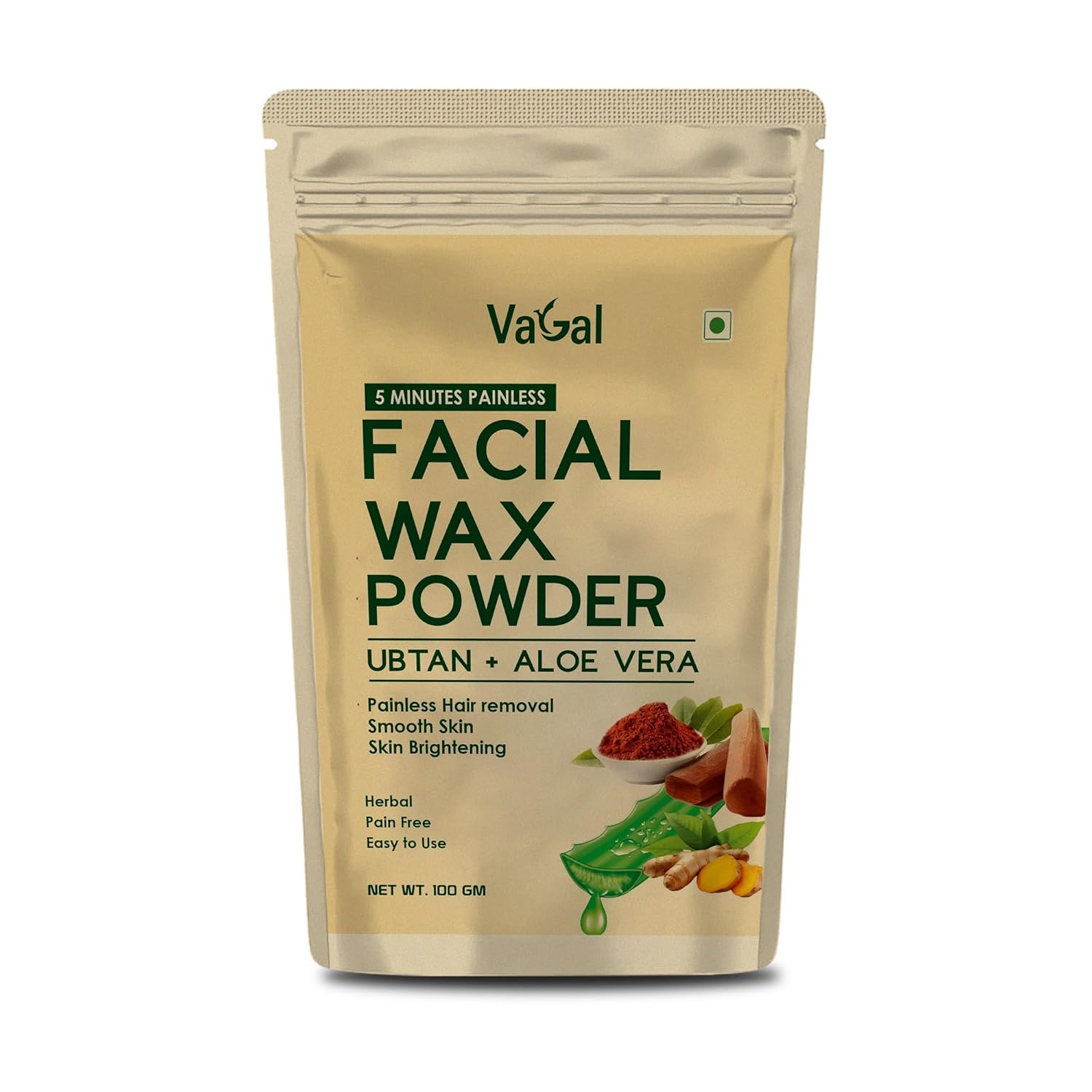 Vagal Facial Wax Powder, Ubtan & Aloe Vera Blend, Painless Hair Removal, Smooth Skin & Brightening Formula, Herbal & Easy-to-Use Wax (100 g (PACK OF 1))
