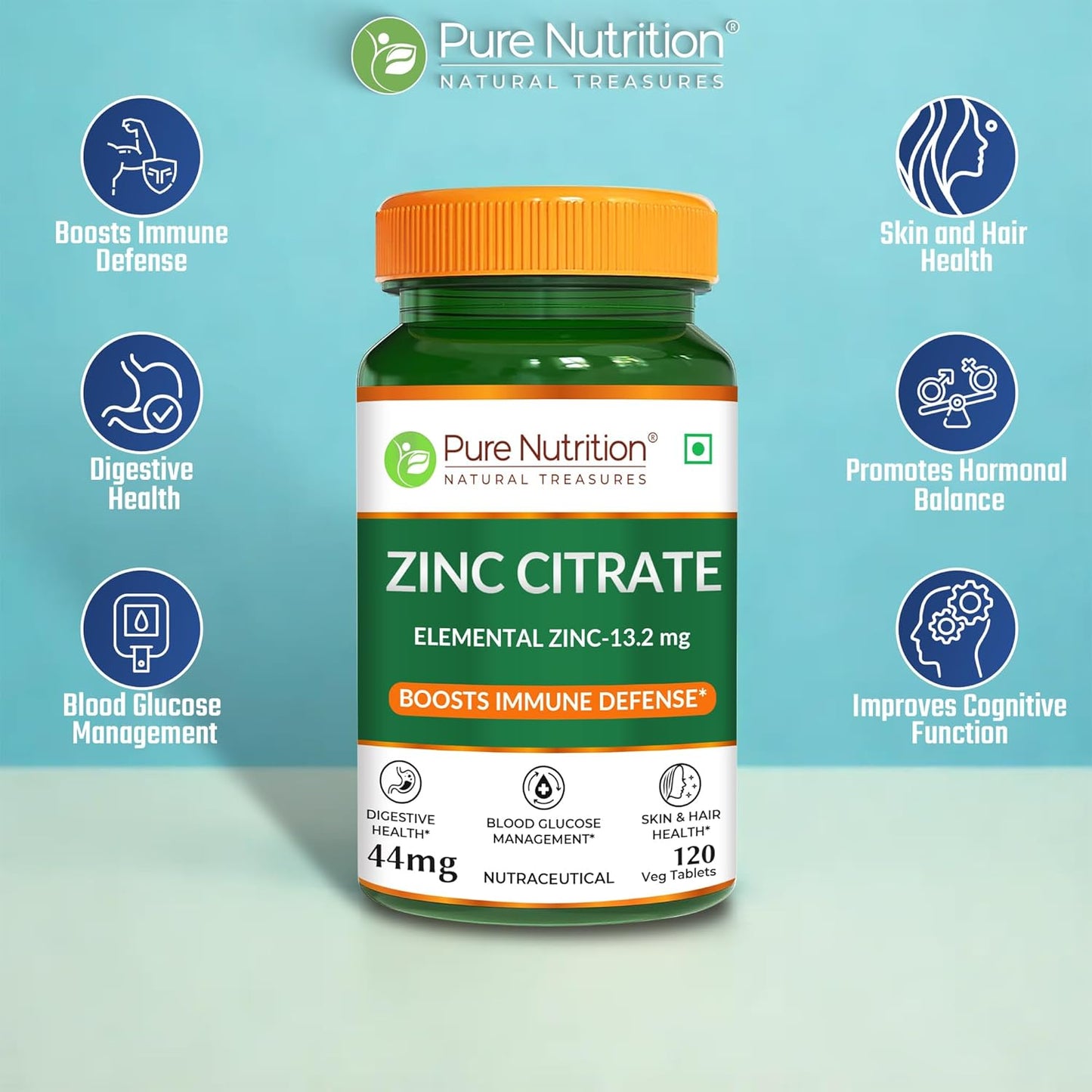 Pure Nutrition Zinc Citrate Tablets 44mg | High Absorption Zinc Supplement for Immunity, Blood Sugar & Bone Health | Supports Muscle Recovery, Skin Glow, Hair Strength & Nail Growth | Essential Mineral for Overall Wellness – 120 Veg Tablets