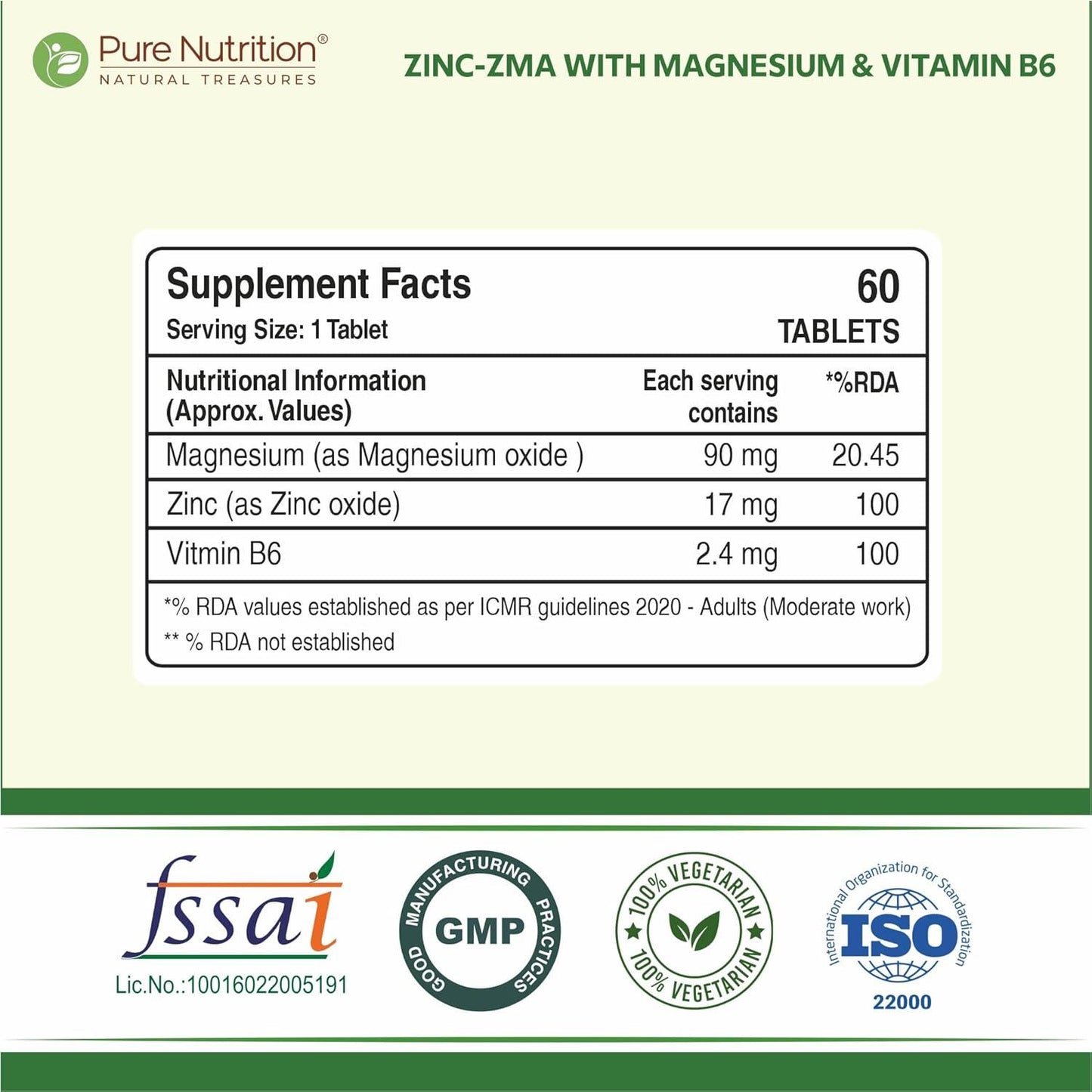 Pure Nutrition Zinc-ZMA 800 mg Veg Tablet with Magnesium & Vitamin B6 for Immunity, Bones & Muscles | Veg Tablet