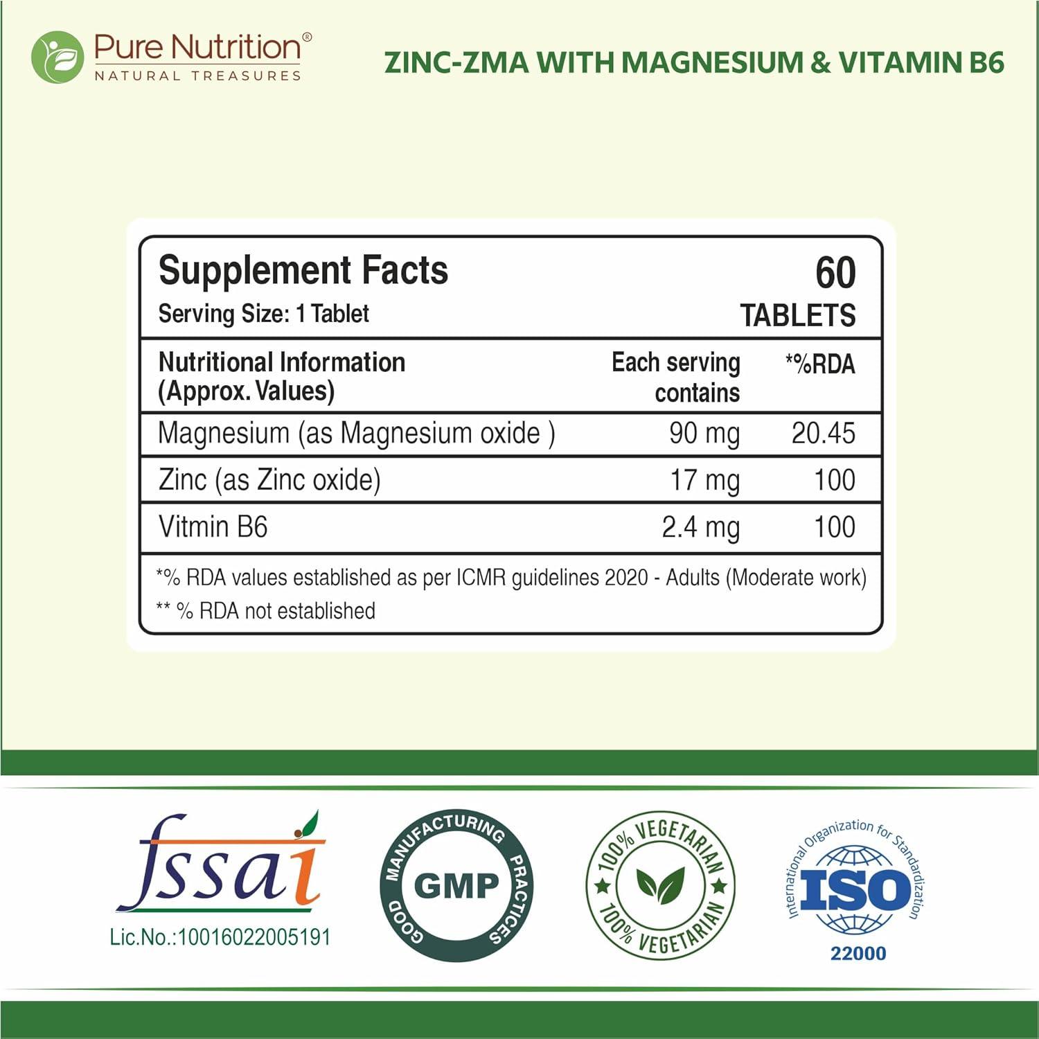 Pure Nutrition Zinc-ZMA 800 mg Veg Tablet with Magnesium & Vitamin B6 for Immunity, Bones & Muscles | 120 Veg Tablet