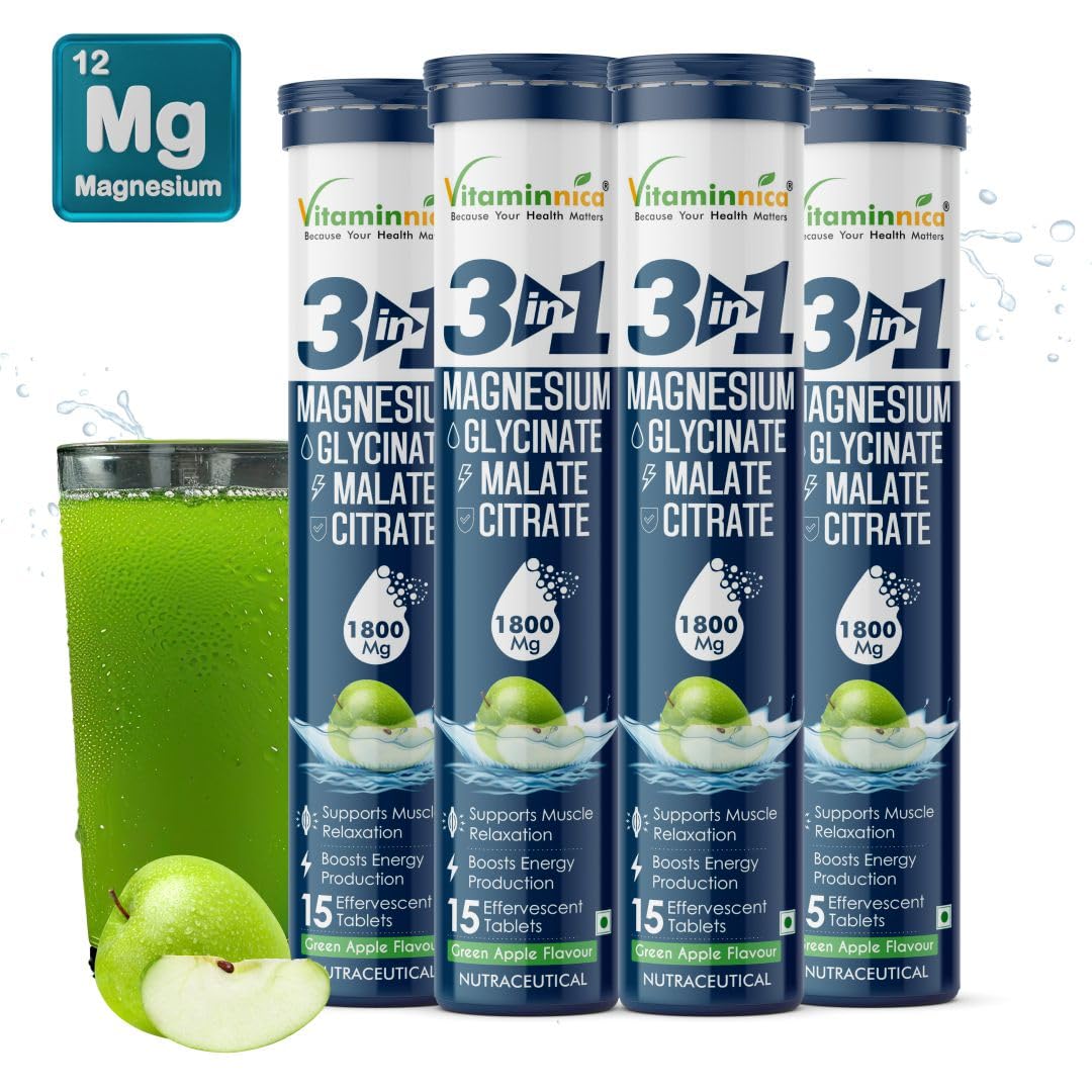 Vitaminnica Magnesium 3-in-1 Effervescent Tablets - Green Apple Stress & Muscle Support (4-Pack, 60 Count)