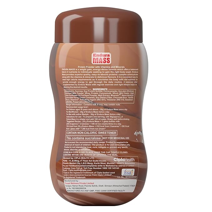 Endura Mass Weight Gainer Powder to Stay Fit | For Adults & Children Above 10 Years | Flavour Chocolate - 500gm