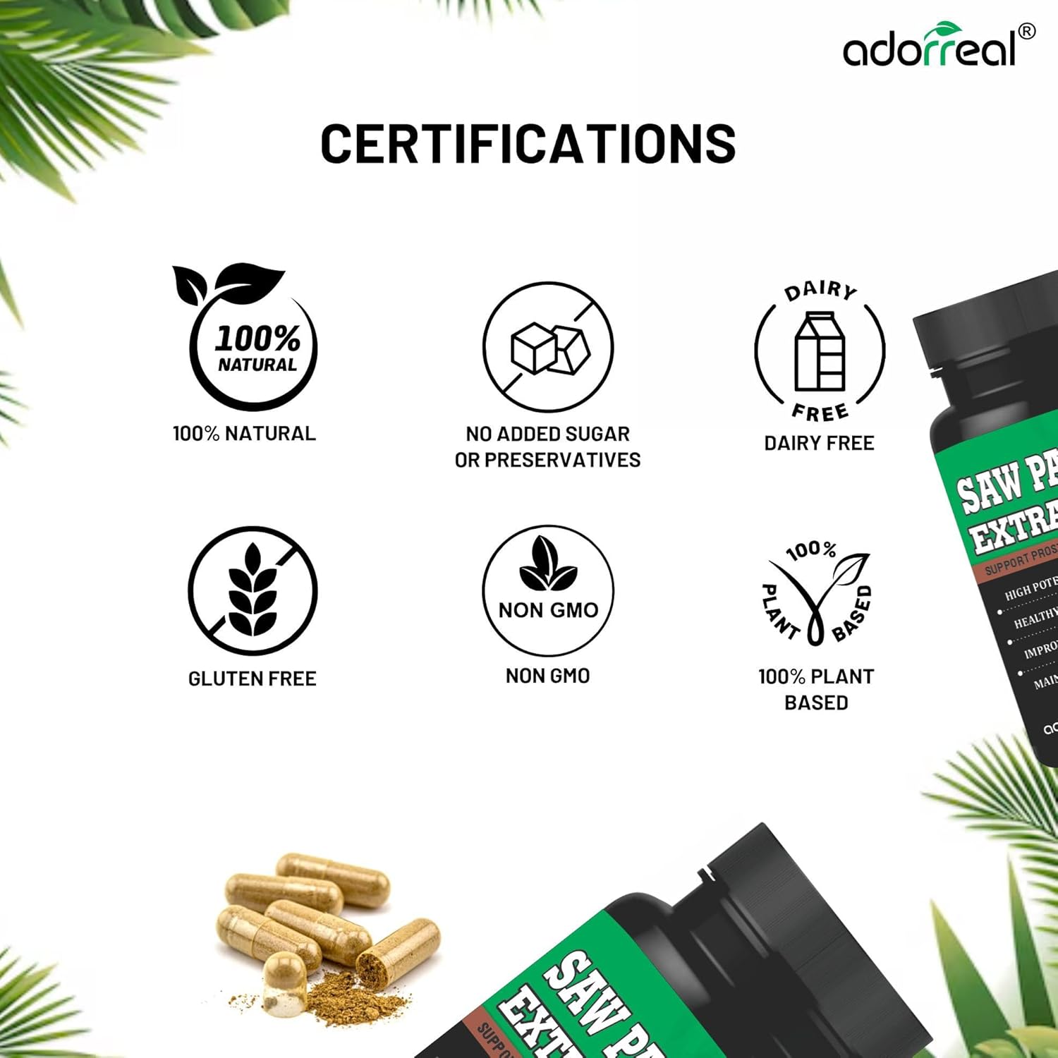 Adorreal Saw Palmetto Extract Capsules (60 Capsules) | Supports Prostate Health, Hair Growth & Urinary Tract Function