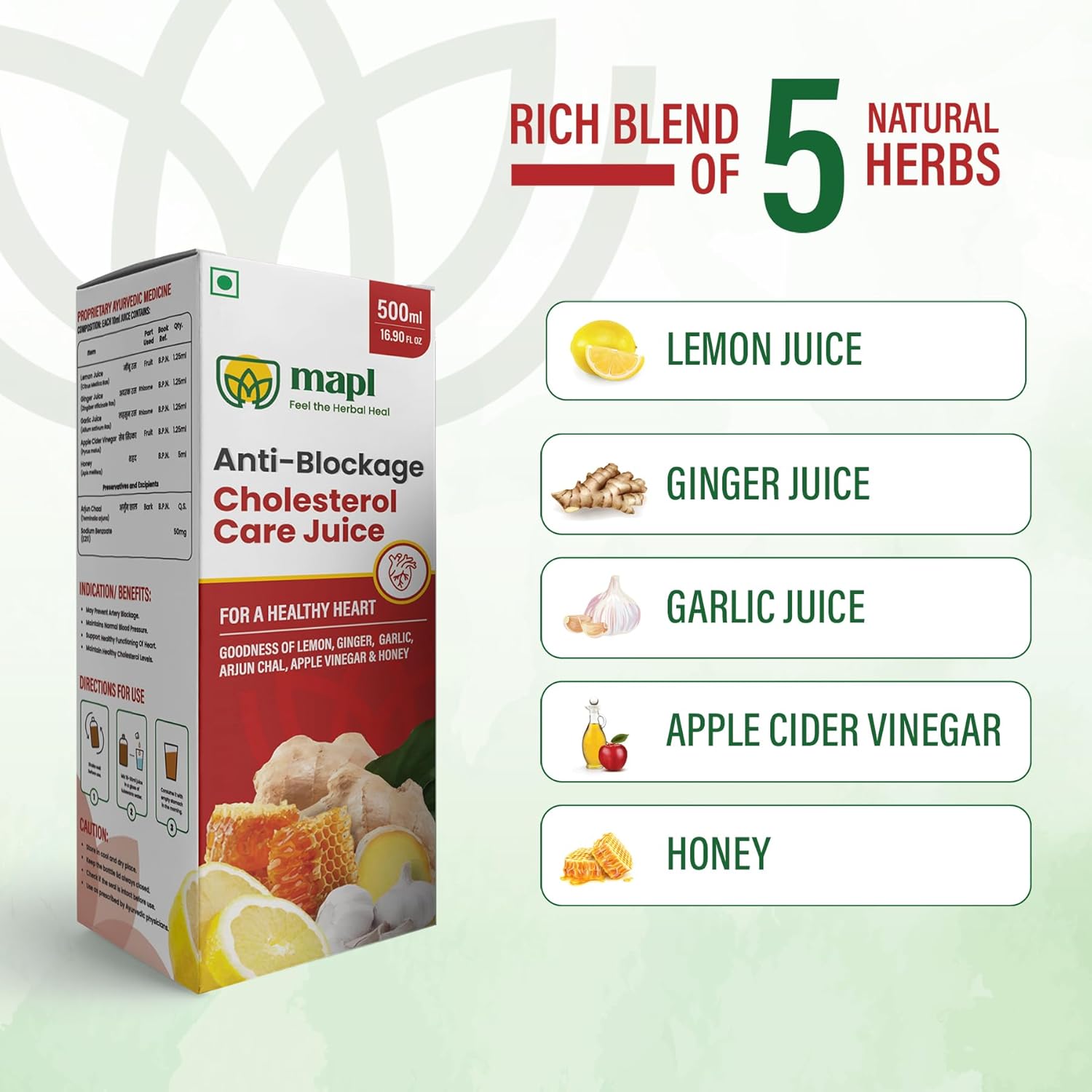 MAPL Anti Blockage Cholesterol Care Juice 500ml | Garlic, Ginger, Lemon & Apple Cider Vinegar | Supports Heart Health & Cholesterol Balance