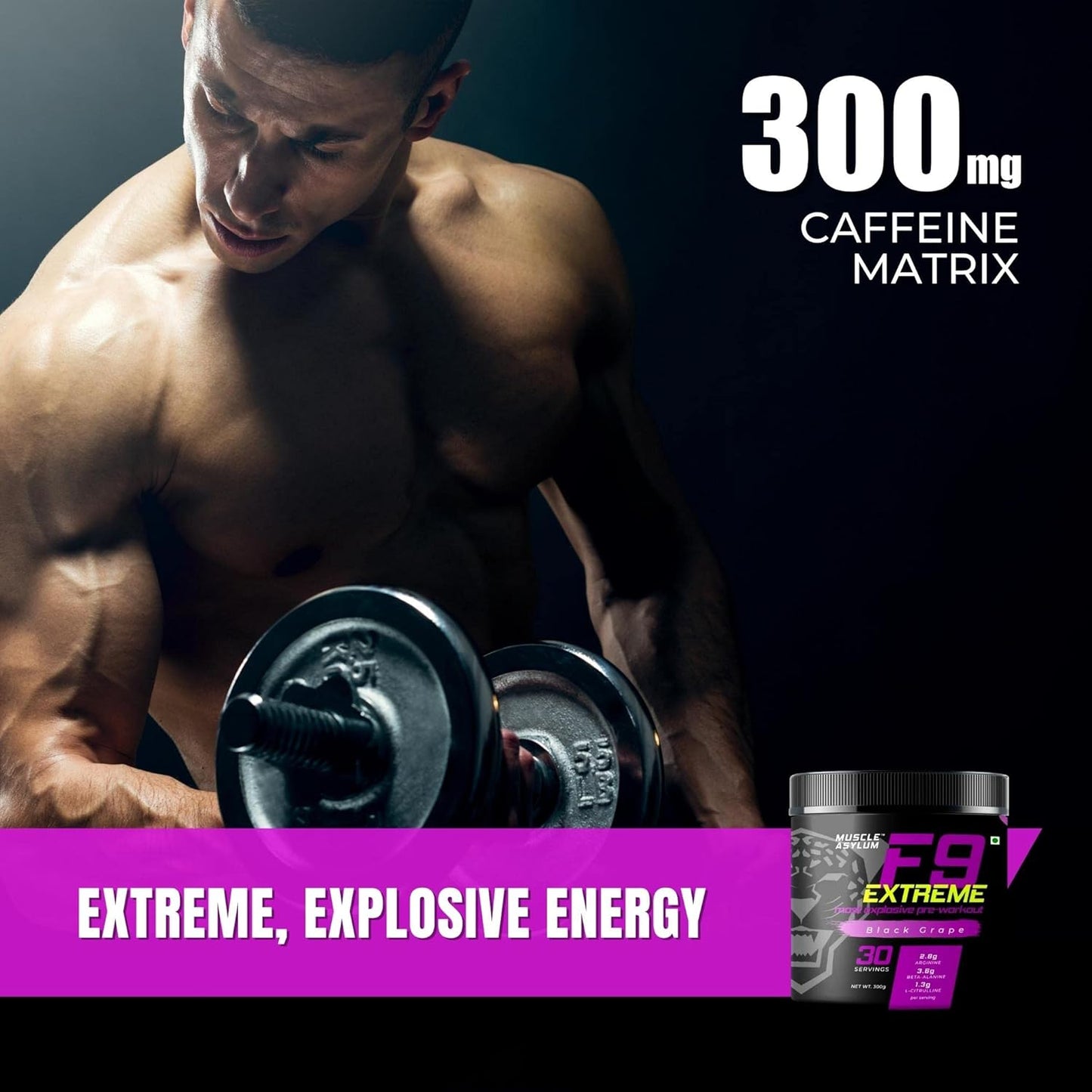 Muscle Asylum F9 Extreme – High Caffeine Pre-Workout (Black Grape) | 300g | 30 Servings | EAA & Endurance Blend | High Stimulant with EAA & Beta-Alanine