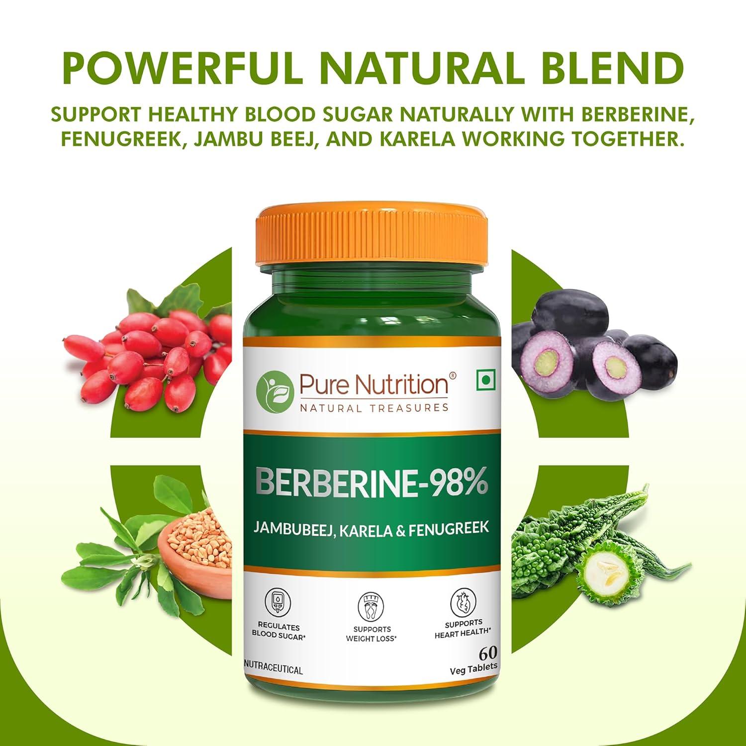 Pure Nutrition 98% Berberine Tablets - 60 Tablets with Jamun Beej, Karela & Fenugreek Extract