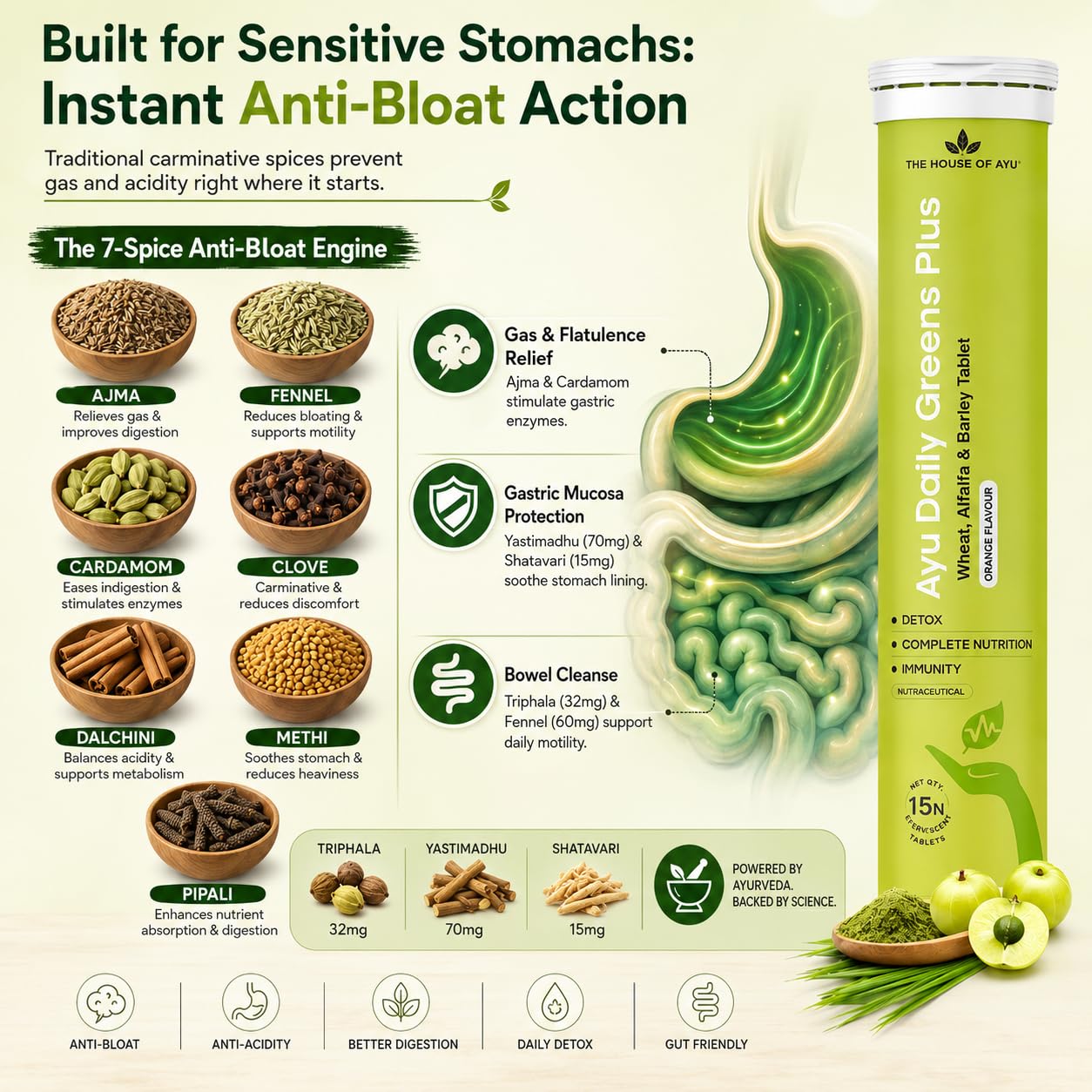 Ayu Daily Green+ Superfood Effervescent Tablets - 26 Ayurvedic Botanicals | ALKALIZING SUPERFOOD: 26 Ayurvedic botanicals with Moringa, Spirulina & 7 spices to relieve acidity & boost immunity.