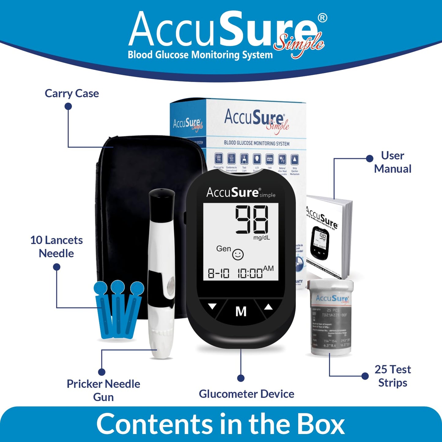 AccuSure Simple Digital Glucometer Kit |with 25 Strips, 10 Lancet,1 Lancing device for Accurate Blood Glucose Sugar Testing Machine