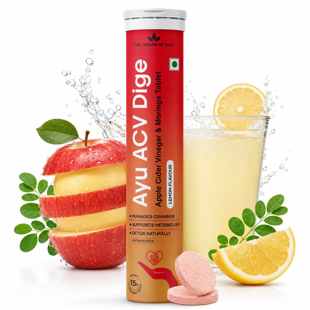 AYU ACV Digi Organic Apple Cider Vinegar Tablet for Weight Loss, 15s | 500mg ACV with Moringa, Guggul & Cinnamon, supports fat oxidation, metabolism, gut health & bloating relief, zesty lemon