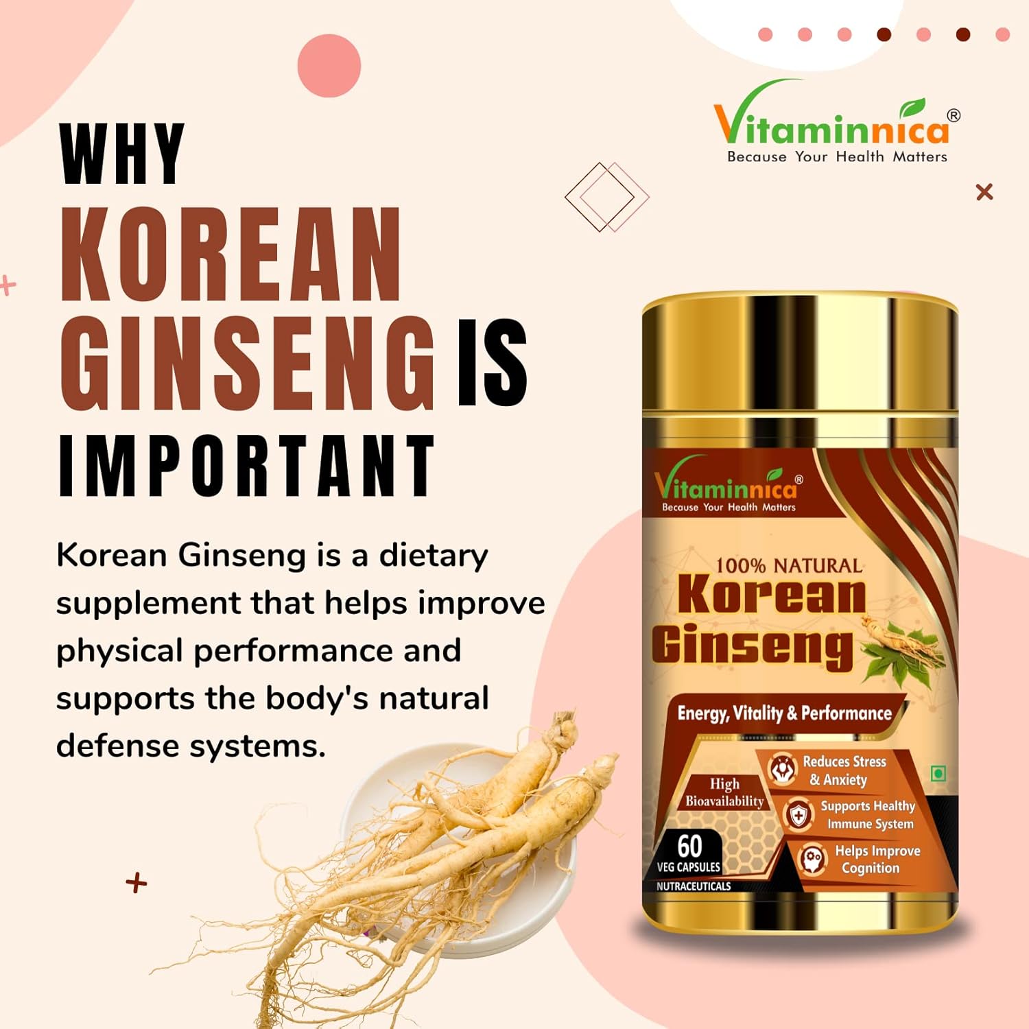 Vitaminnica Korean Panax Ginseng Extract - Natural Stamina & Energy Support, 60 Veg Capsules