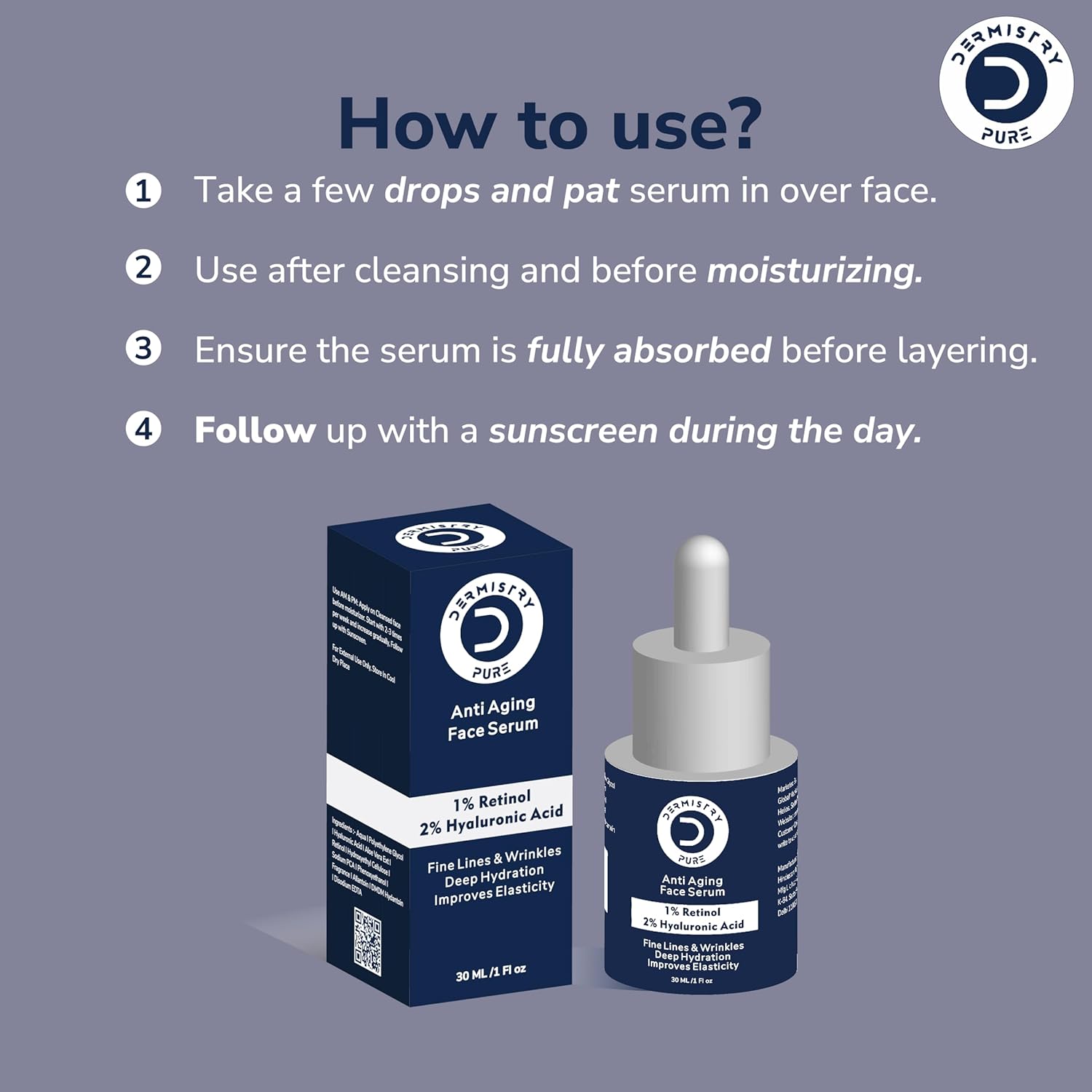 Dermistry Pure 1% Retinol 2% Hyaluronic Acid Anti Aging Face Serum