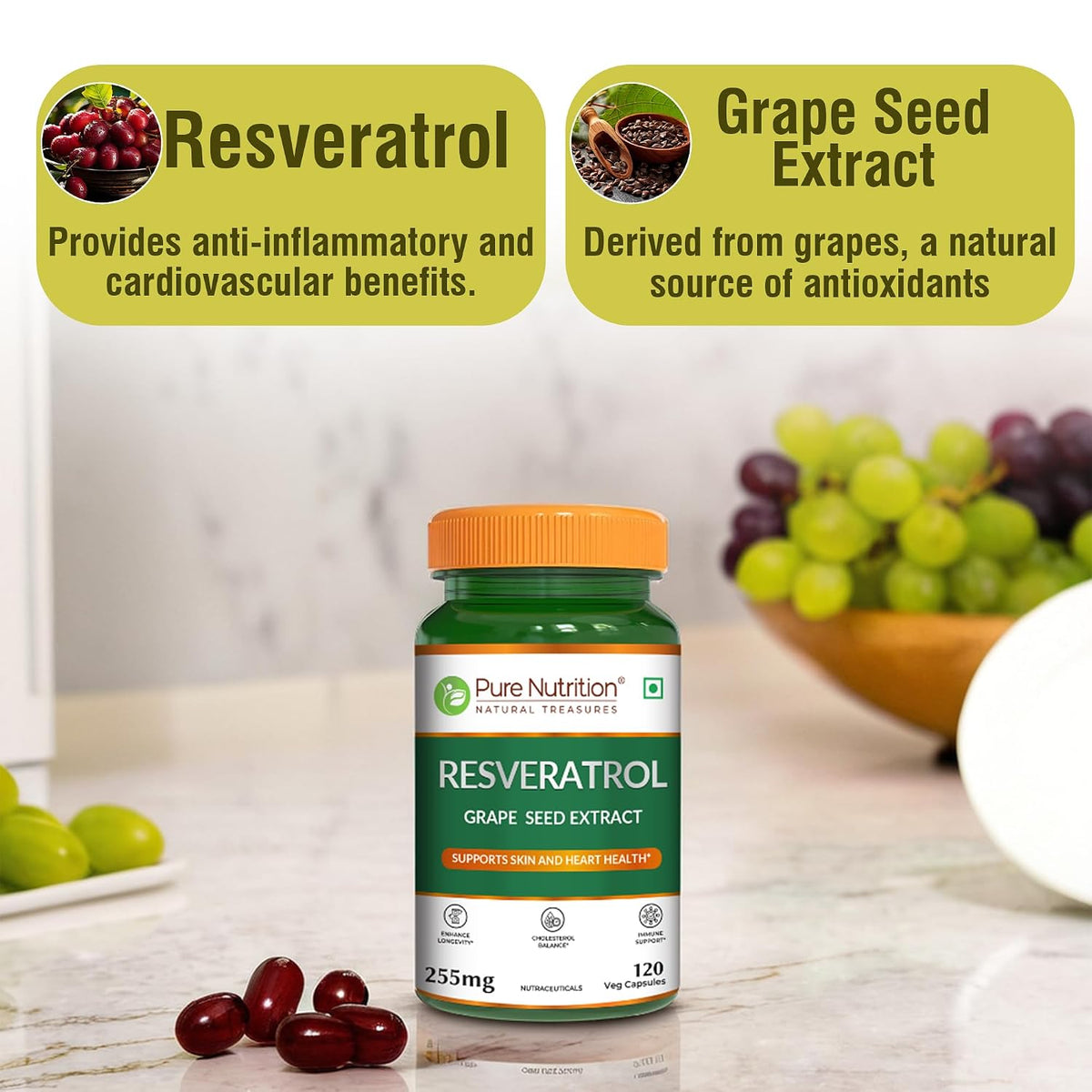 Pure Nutrition Resveratrol with Grape Seed Extract, 120 Veg Capsules | Antioxidant Support