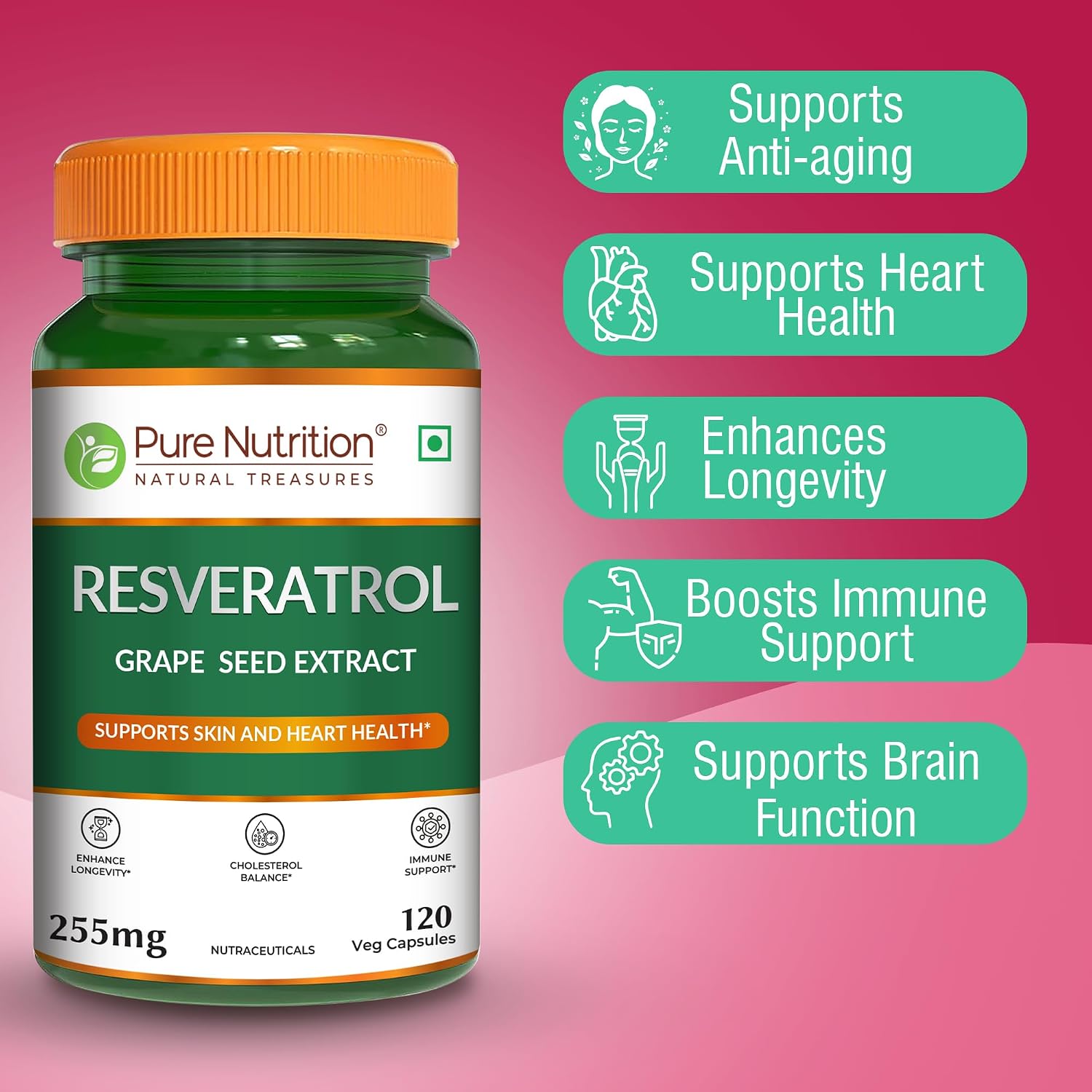 Pure Nutrition Resveratrol with Grape Seed Extract, 120 Veg Capsules | Antioxidant Support