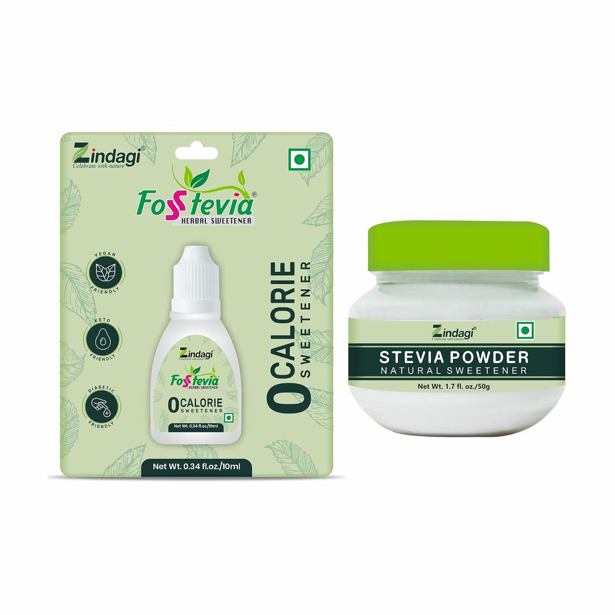 Zindagi Stevia Liquid (FosStevia) & Natural Stevia Powder | 100% Natural Zero-Calorie Sugar-Free Sweetener Combo Pack