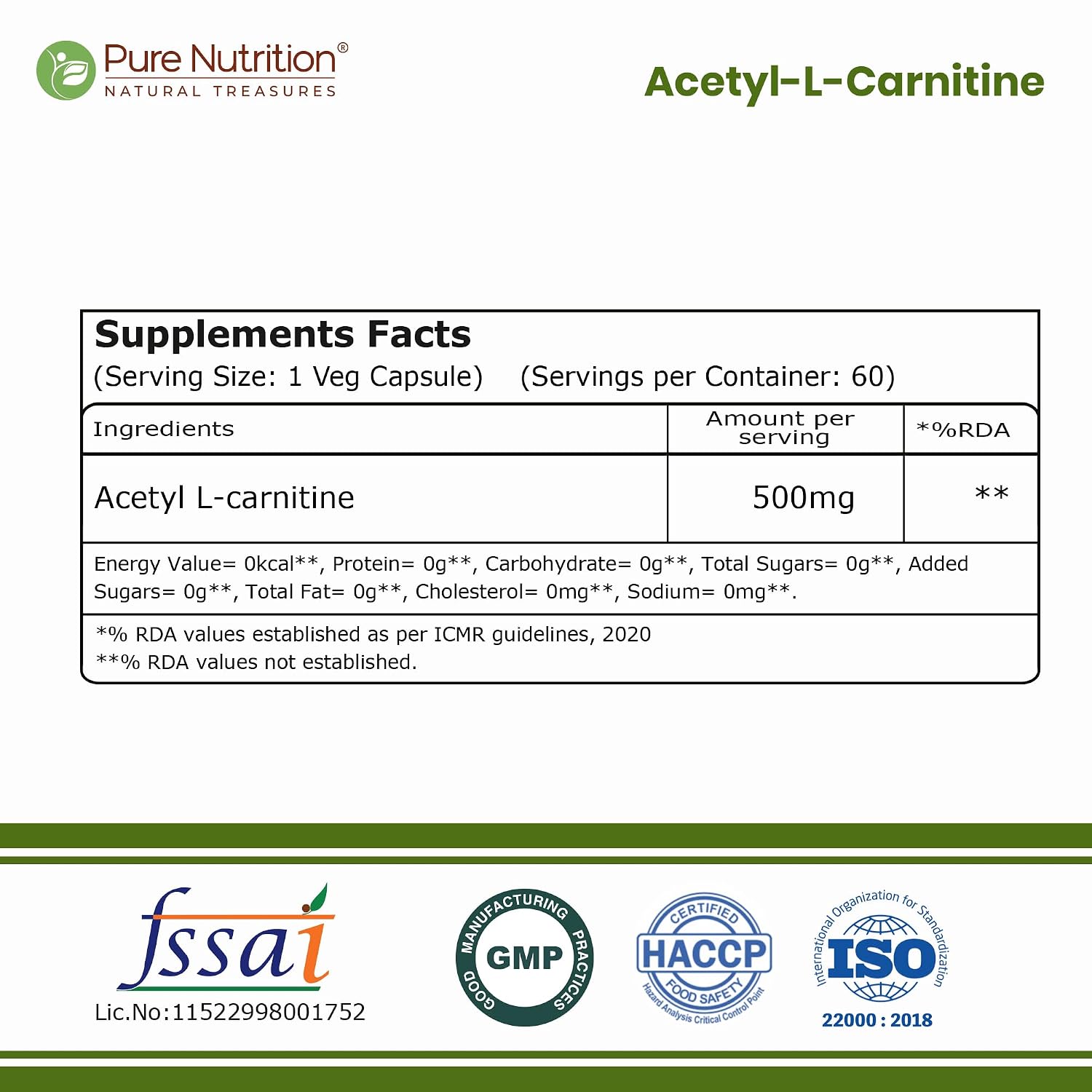 Pure Nutrition Acetyl L-Carnitine 500mg, 60 Capsules | Energy & Fitness Support Supplement