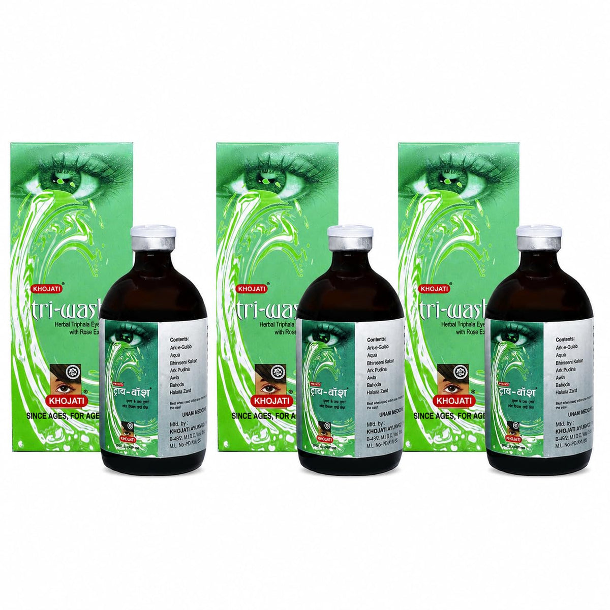 Khojati Triwash Ayurvedic Eye Wash | Refreshing & Purifying Ocular Cleanser | Pack of 3 (100 ml each)