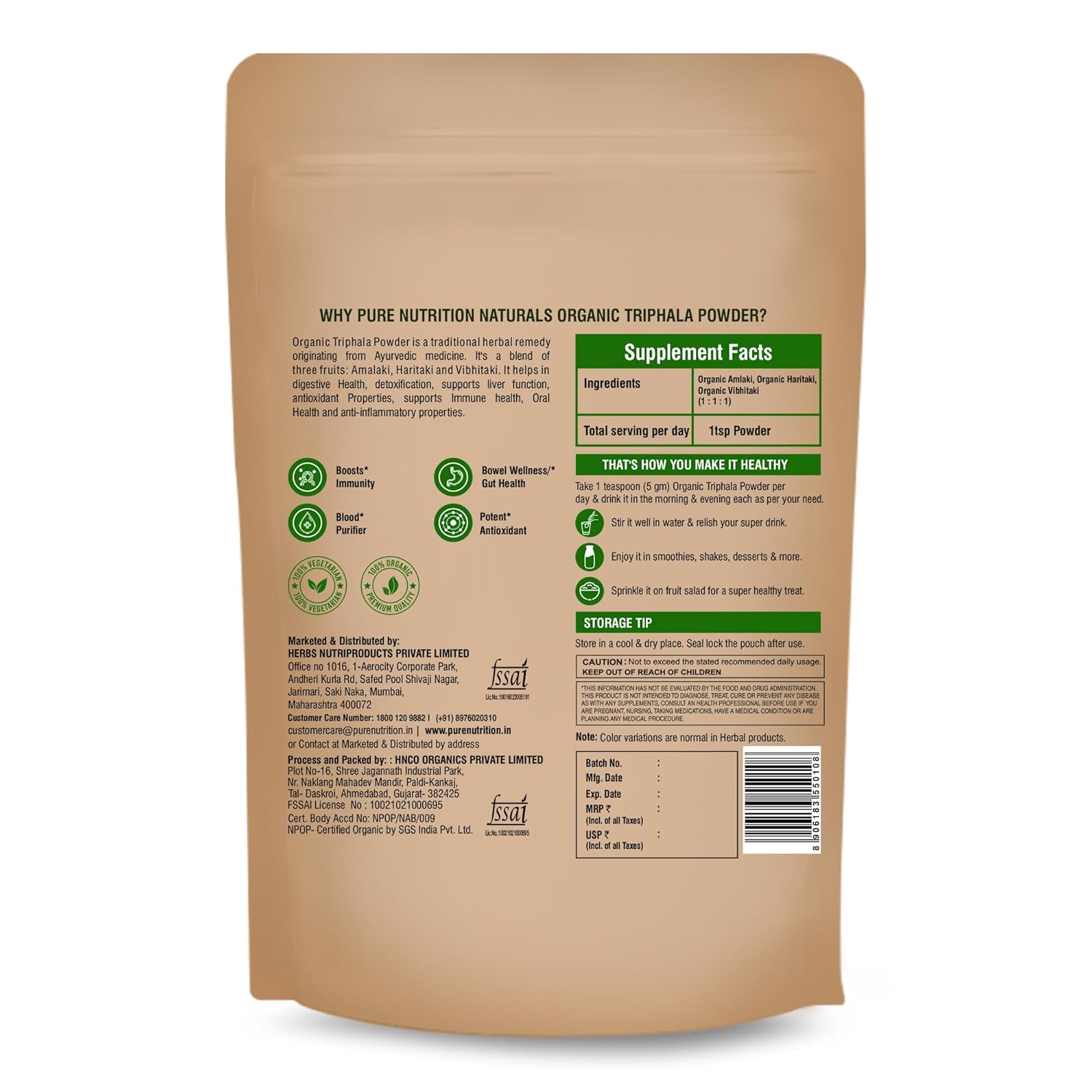 Pure Nutrition Organic Triphala Powder - 227g | 100% Pure and Natural | Supports Digestion, Detoxification, and Overall Wellness