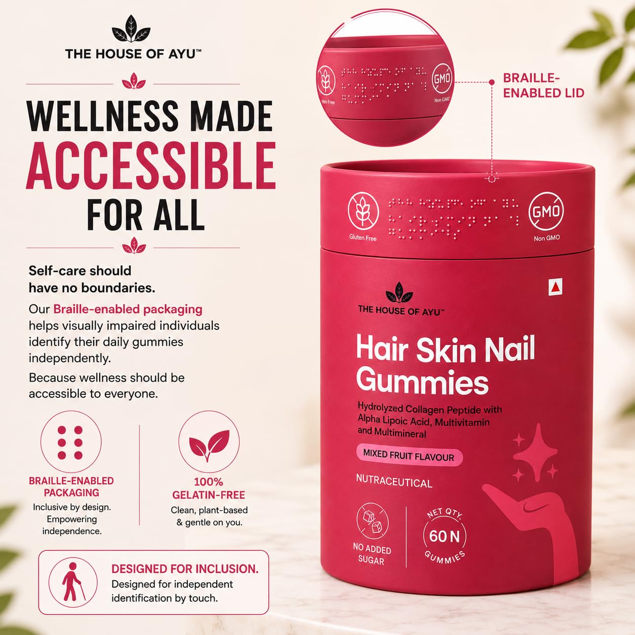 House of Ayu Hair Skin Nail Gummies | Collagen, Biotin & Hyaluronic Acid | 3-in-1 formula with Bioactive Collagen, Hyaluronic Acid, ALA & Biotin to support hair growth, glowing skin & strong nails.