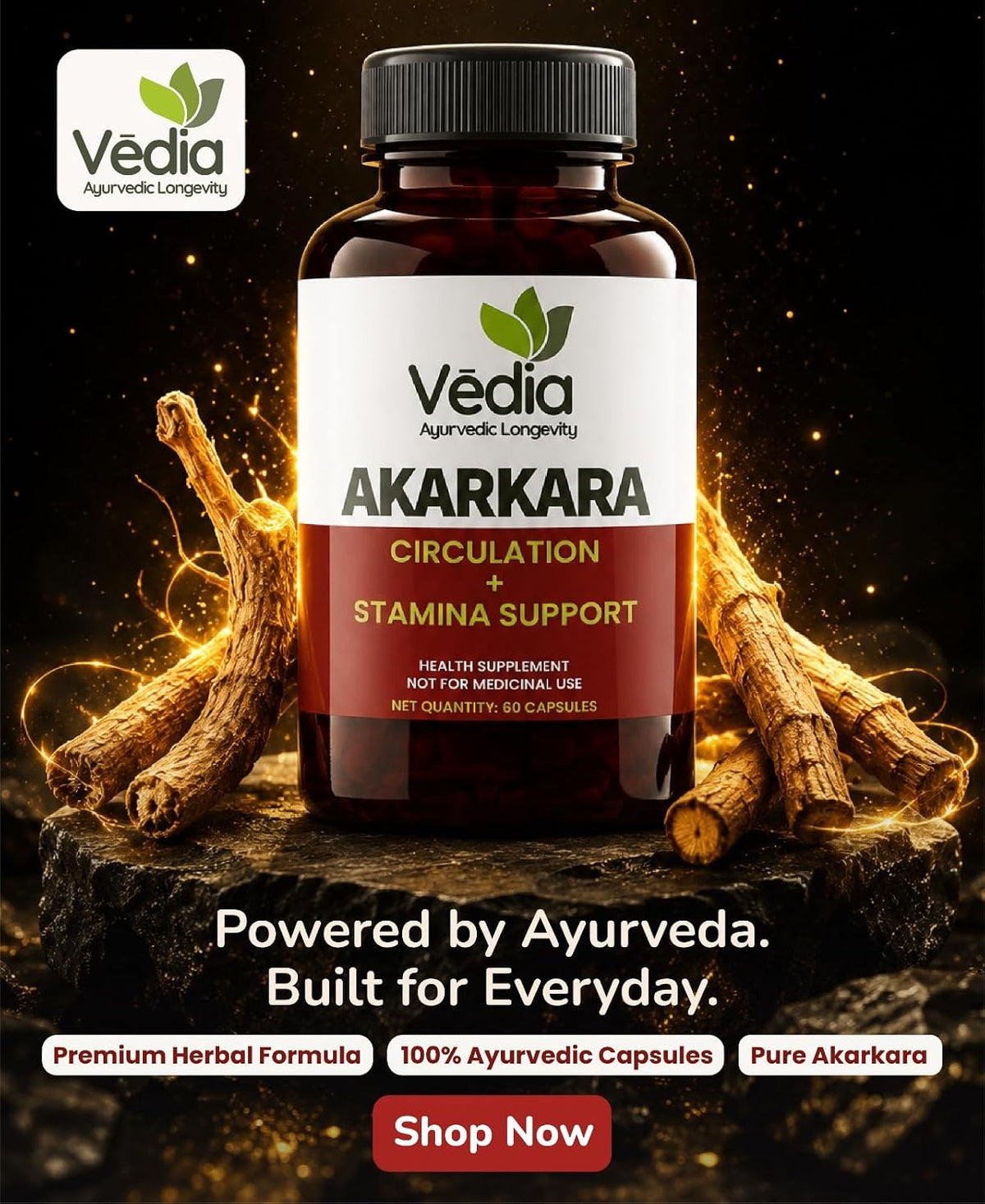 Vedia Akarkara (Anacyclus Pyrethrum) Capsules | Natural Herbal Supplement for Male Vitality, Stamina & Nervous System Support (60 Capsules)