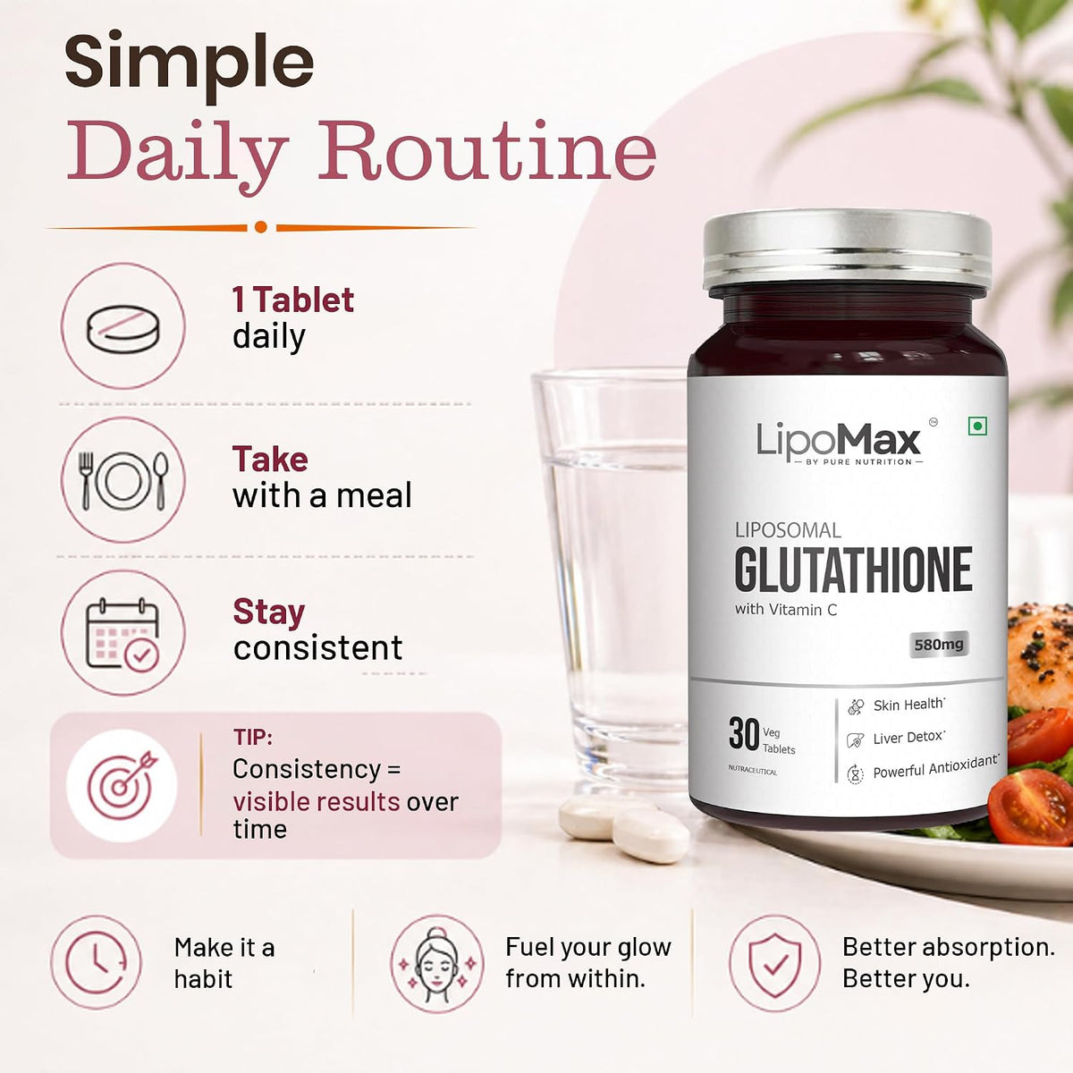 Pure Nutrition Liposomal Glutathione with Vitamin C, 30 Tablets | Antioxidant & Skin Health Support
