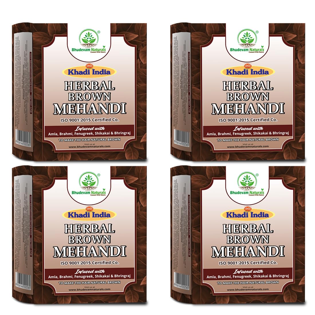 Bhudevam Naturals Khadi Brown Mehndi Powder for Hair – 100% Herbal Henna, Chemical Free Hair Color, Grey Coverage & Deep Conditioning -320GM (Pack of 4)