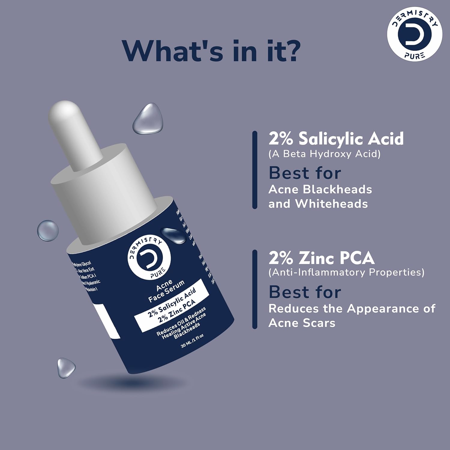 Dermistry Pure 2% Salicyclic Acid 2% Zinc PCA Acne Face Serum