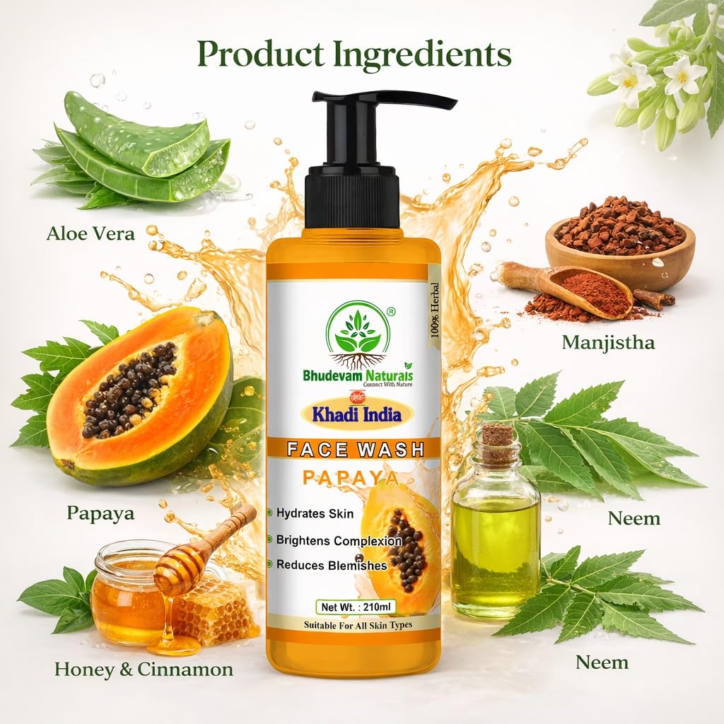Bhudevam Naturals Khadi Papaya Face Wash – Removes Dirt, Oil & Impurities Naturally- 210ML