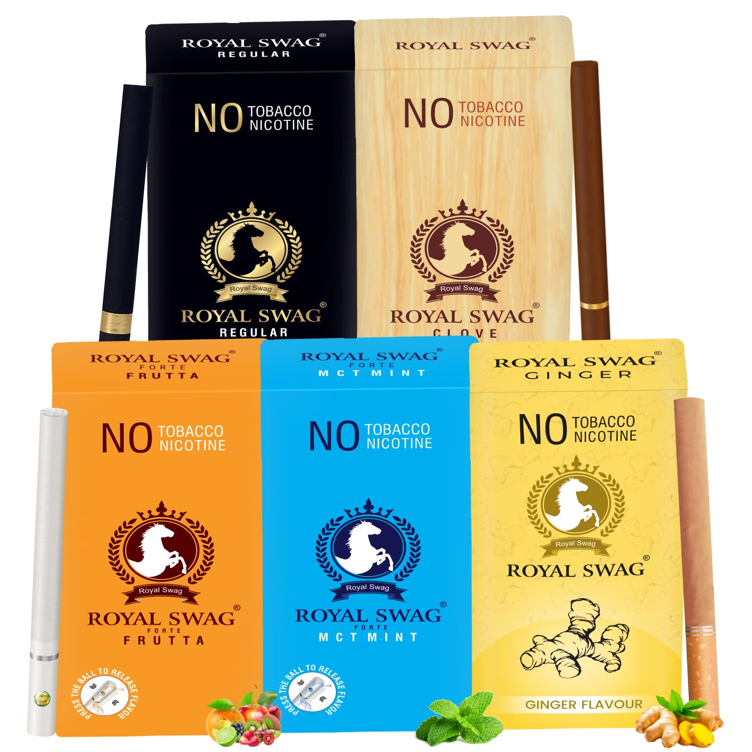 Royal Swag Herbal Cigarettes Variety Pack (Ginger, Clove, Mint, Regular, Frutta, Paan) - (50 Sticks - 5 Pack)