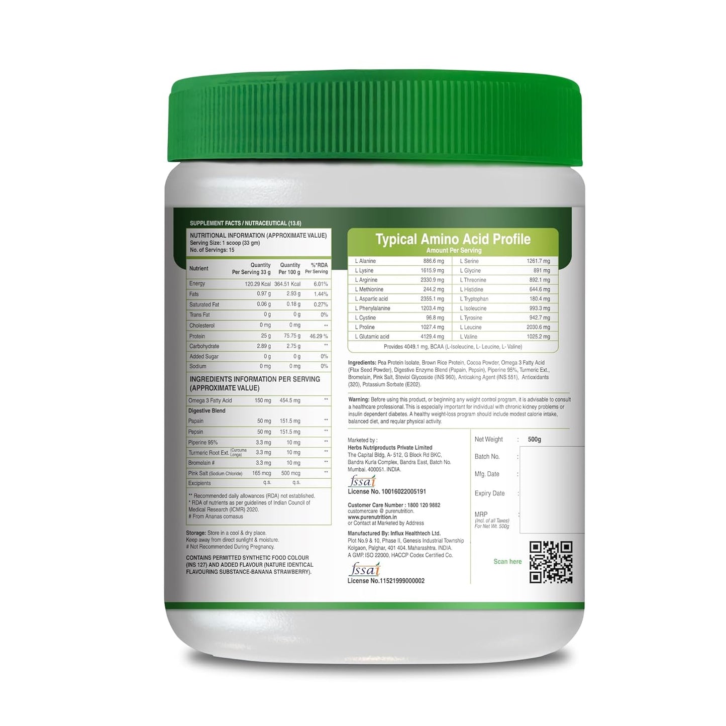 Pure Nutrition Plant Protein Powder -Banana & Strawberry (500g) for Men, Women, With Pea & Brown Rice Protein with Omega3, Digestive Enzymes & Turmeric | Plant-based, Vegan Supplement for Muscle Growth & Strength | No Artificial Sweeteners