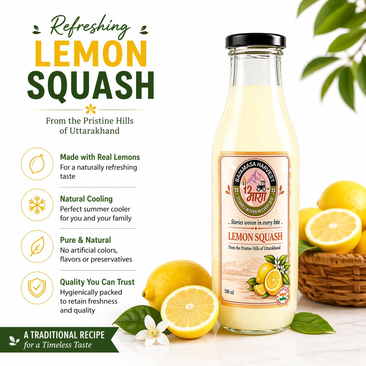 Baramasa Harvest Lemon Squash (500ml) | Refreshing Himalayan Citrus Drink | Rich in Vitamin C & Hydration Support