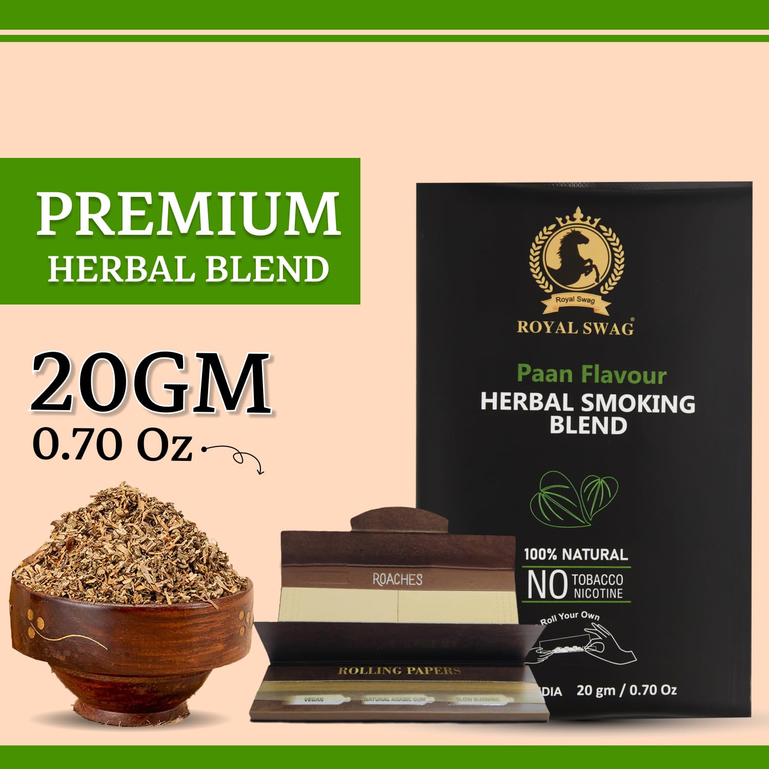 Royal Swag Paan Herbal Smoking Blend (20g) & King Size Slim Papers Combo Pack