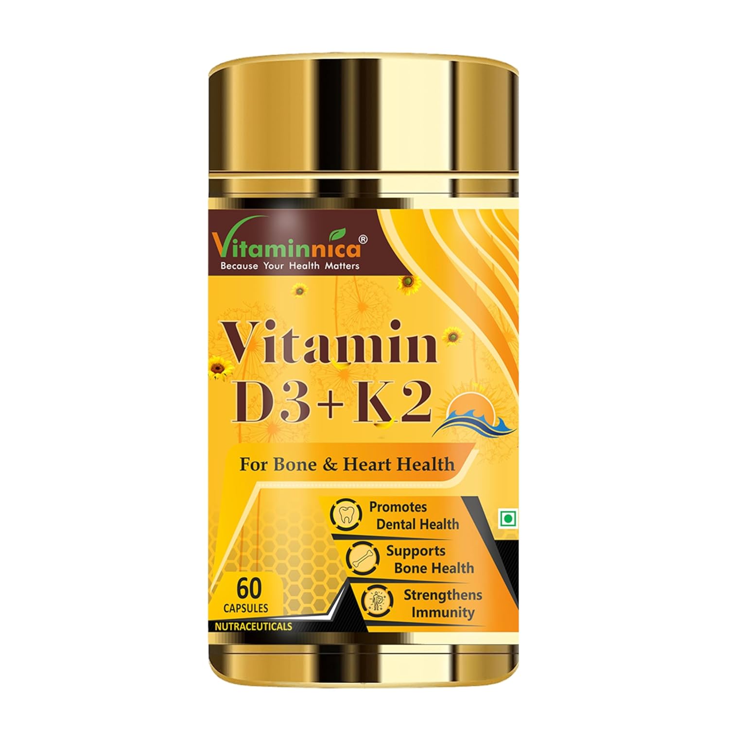 Vitaminnica Vitamin D3 + K2 Capsules 60 Count - Calcium Absorption & Bone Support Formula