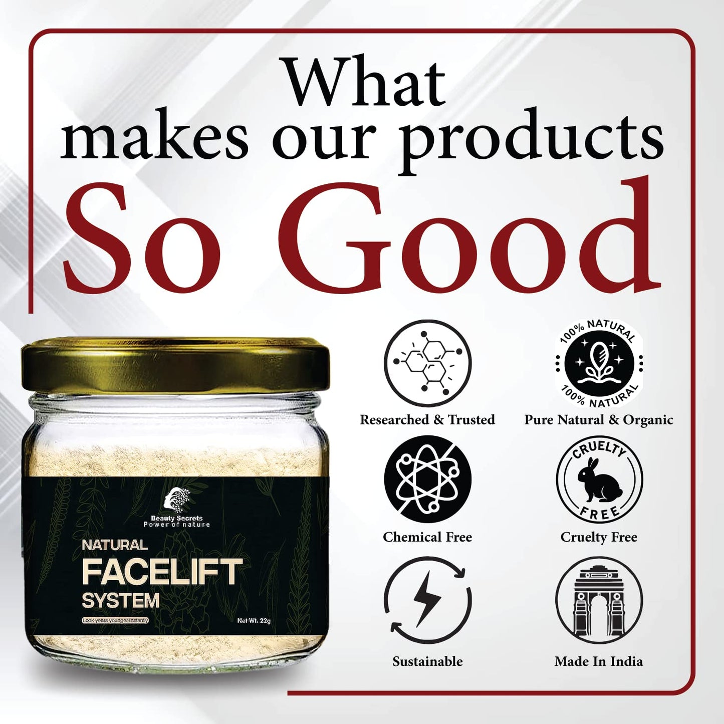 Beauty Secrets Natural Face Lifting Pack/Mask || Beauty Secrets Instant Face Lift System | Tight,Glowing and Youthful Skin in just 20 Minutes | For Men & Women | 22Gms